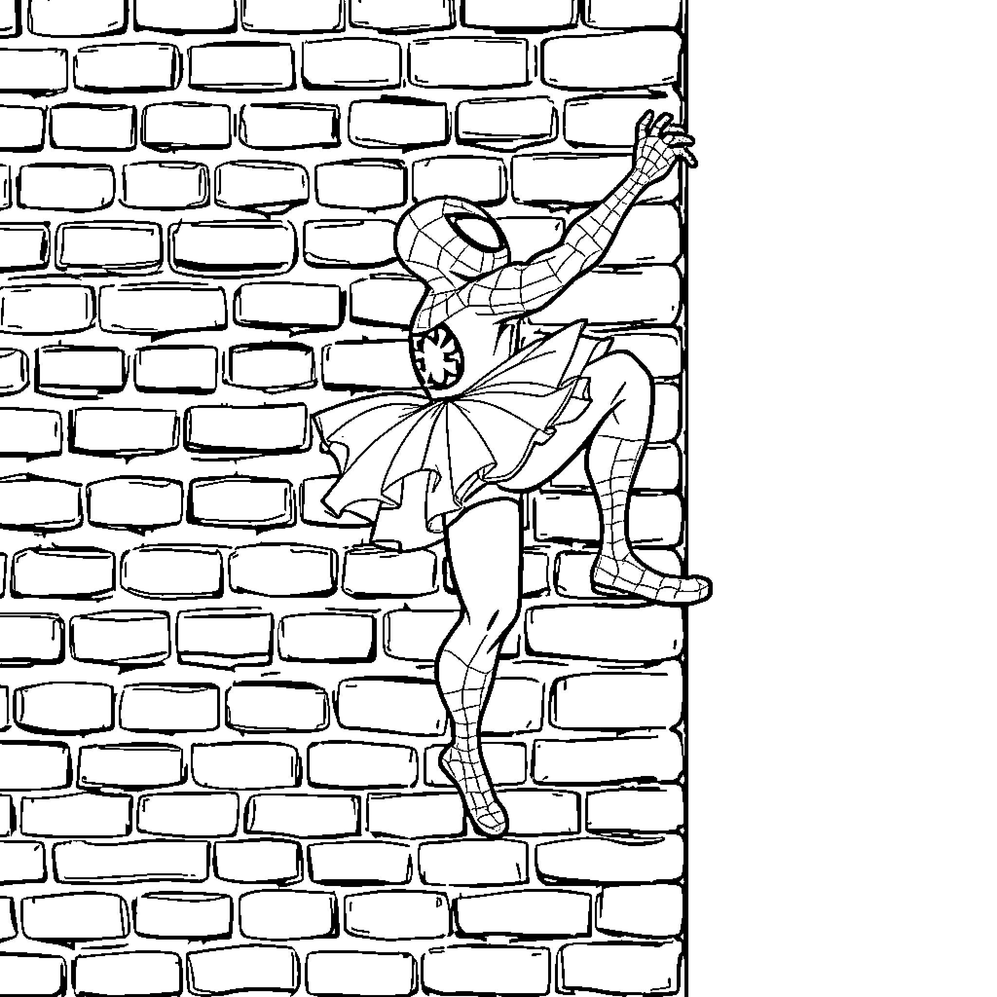 Spiderman climbing up a brick wall Coloring Page (free black-and-white line drawing printable PDF for all, from beginners to advanced learners, including children, teens, adults, and seniors)
