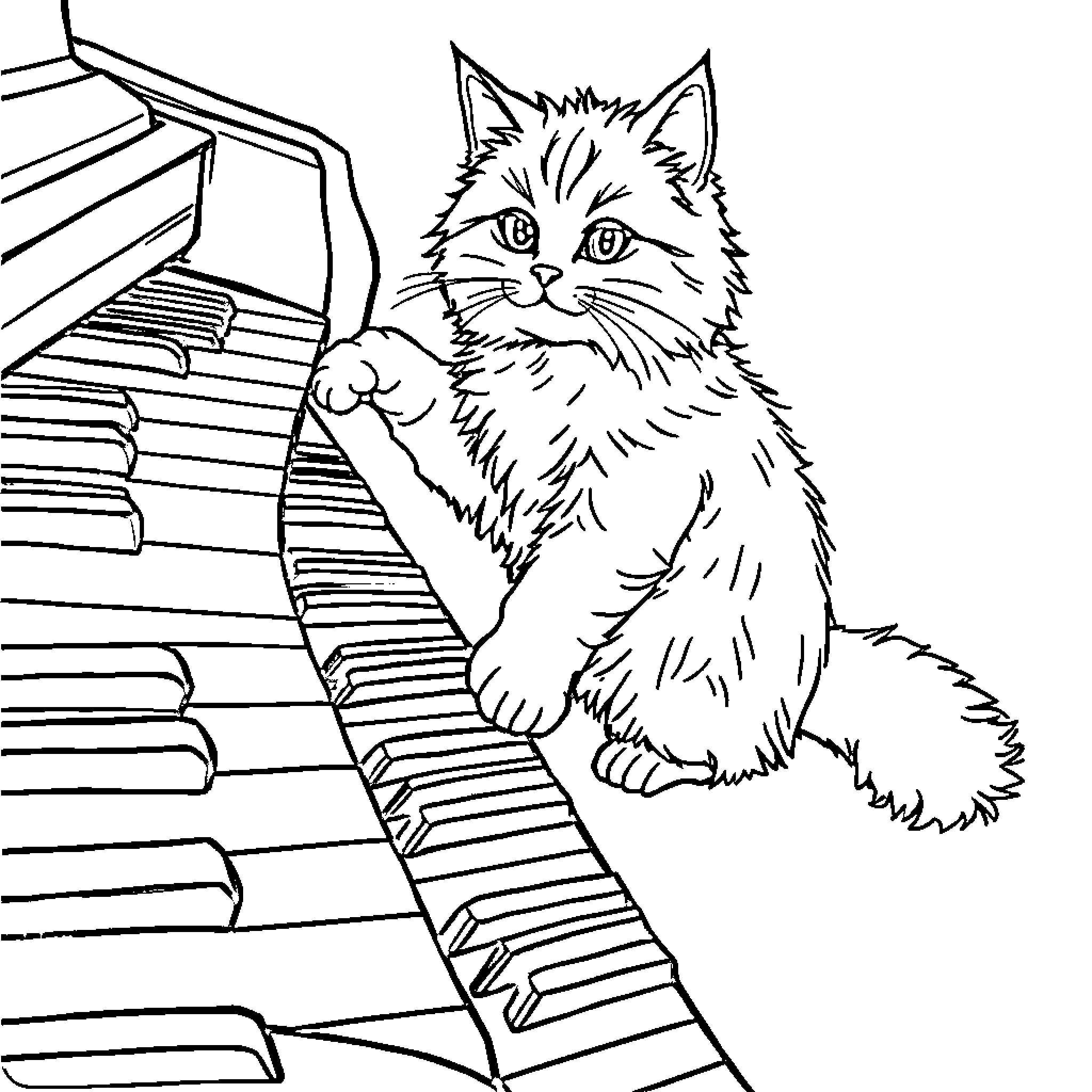 Cat sitting on piano keys Coloring Page (free black-and-white line drawing printable PDF for all, from beginners to advanced learners, including children, teens, adults, and seniors)