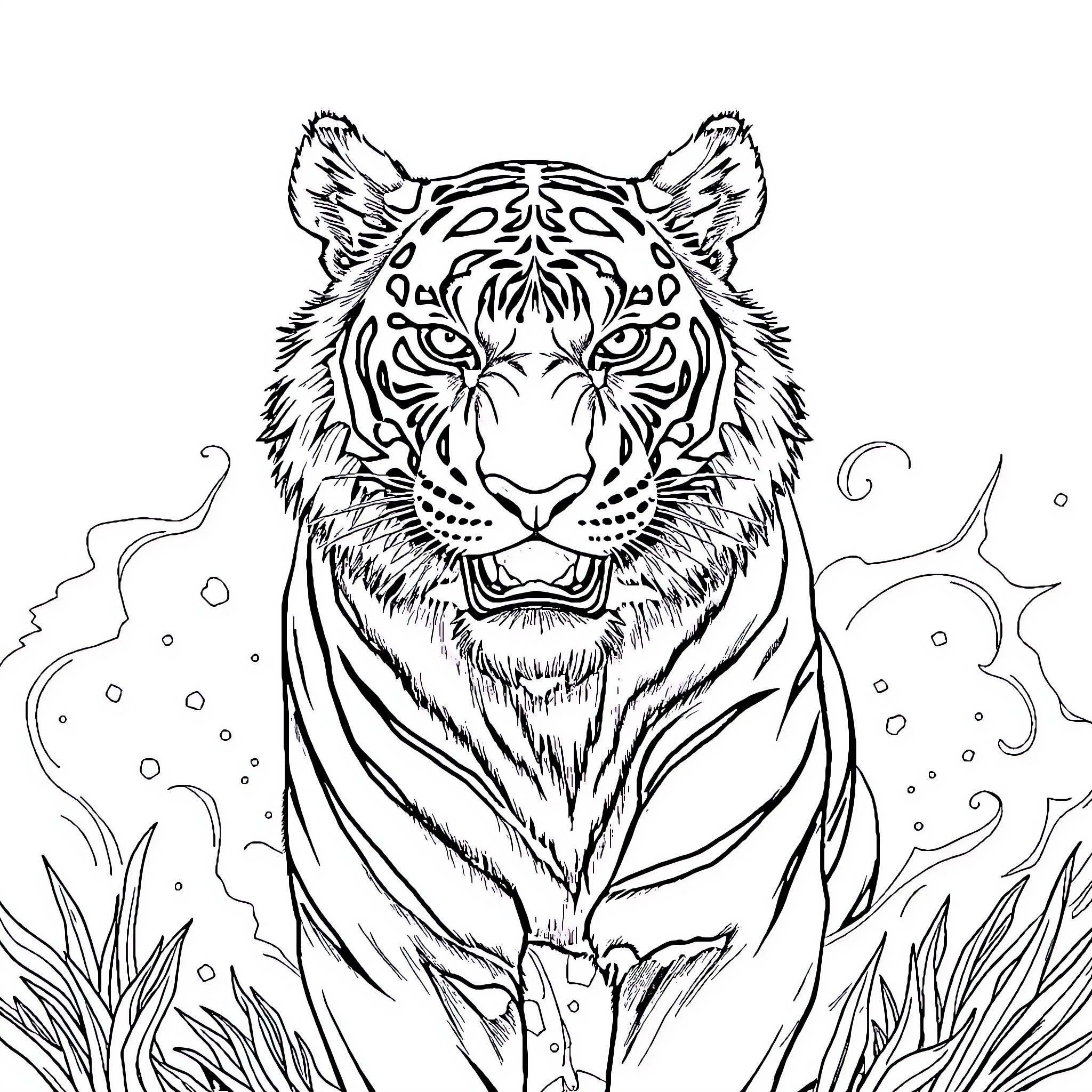 Sayan Tiger resting calmly in the wild Coloring Page (free black-and-white line drawing printable PDF for all, from beginners to advanced learners, including children, teens, adults, and seniors)