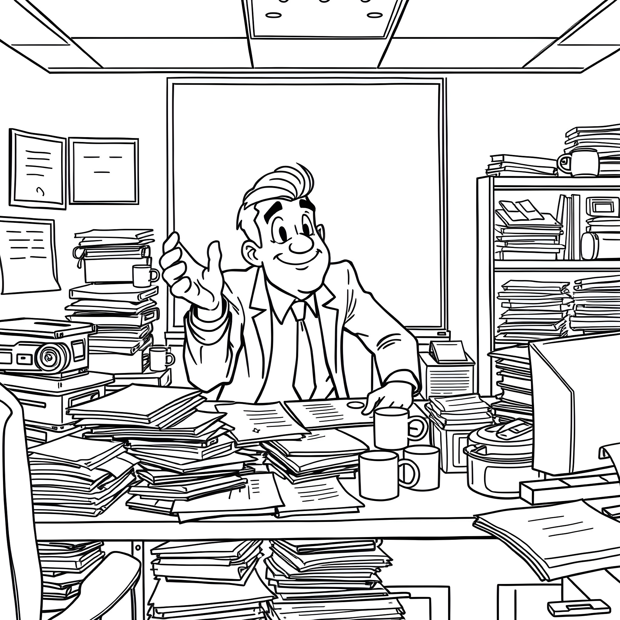 Tommy the Hardworking Office Worker Coloring Page (free black-and-white line drawing printable PDF for all, from beginners to advanced learners, including children, teens, adults, and seniors)