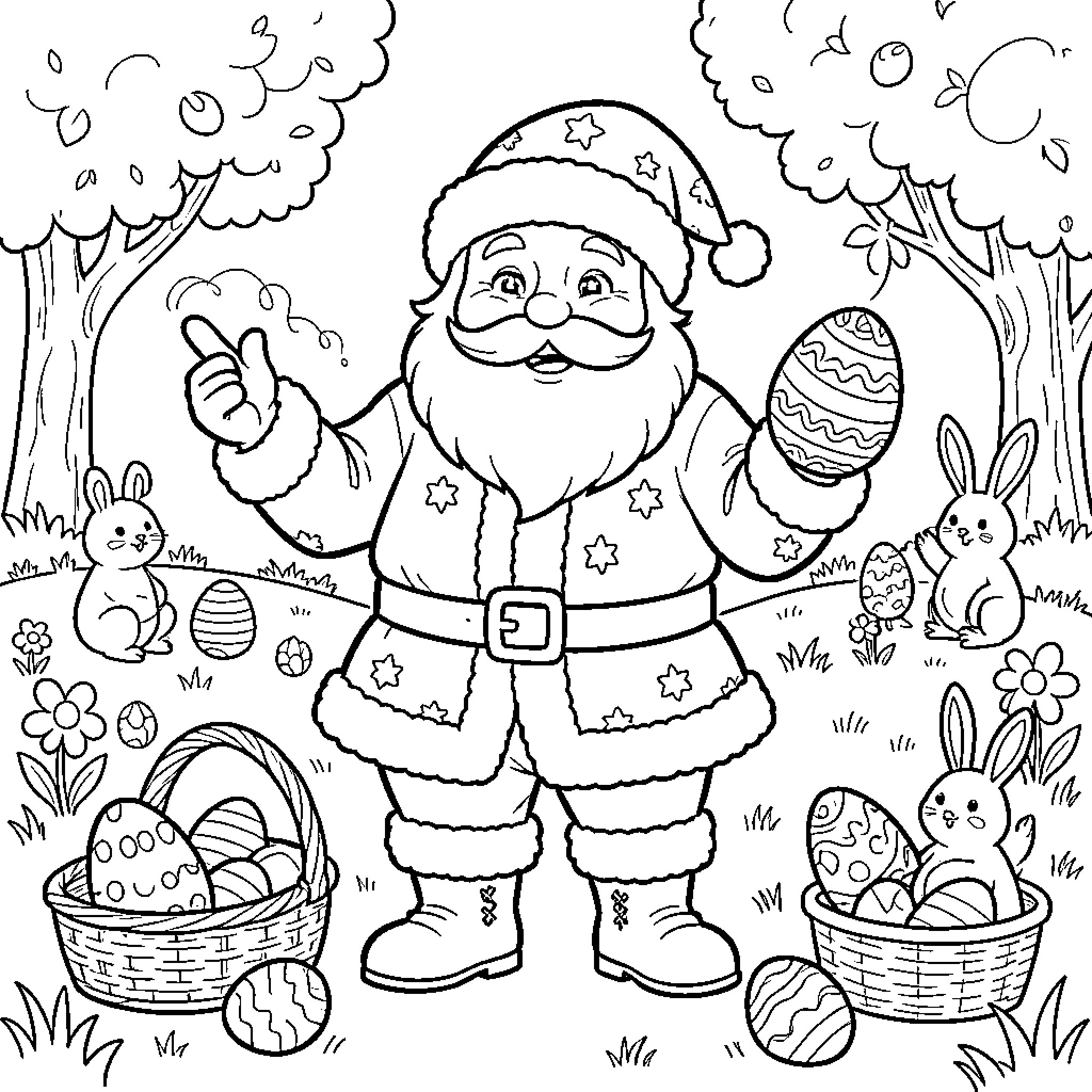 Santa Claus holding an Easter egg in a garden Coloring Page (free black-and-white line drawing printable PDF for all, from beginners to advanced learners, including children, teens, adults, and seniors)