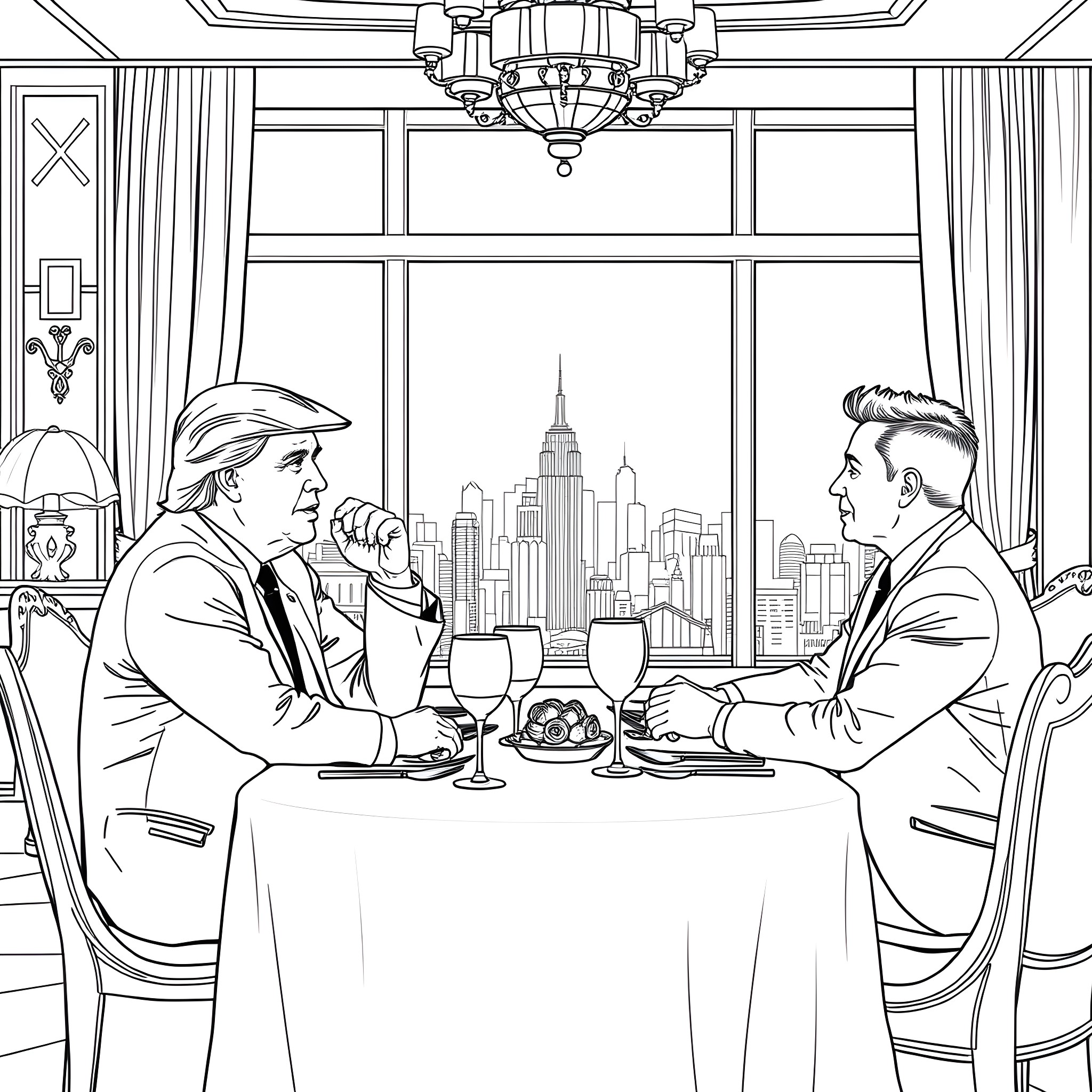 Donald Trump Discussing Politics with a Companion in Lavish Setting Coloring Page (free black-and-white line drawing printable PDF for all, from beginners to advanced learners, including children, teens, adults, and seniors)