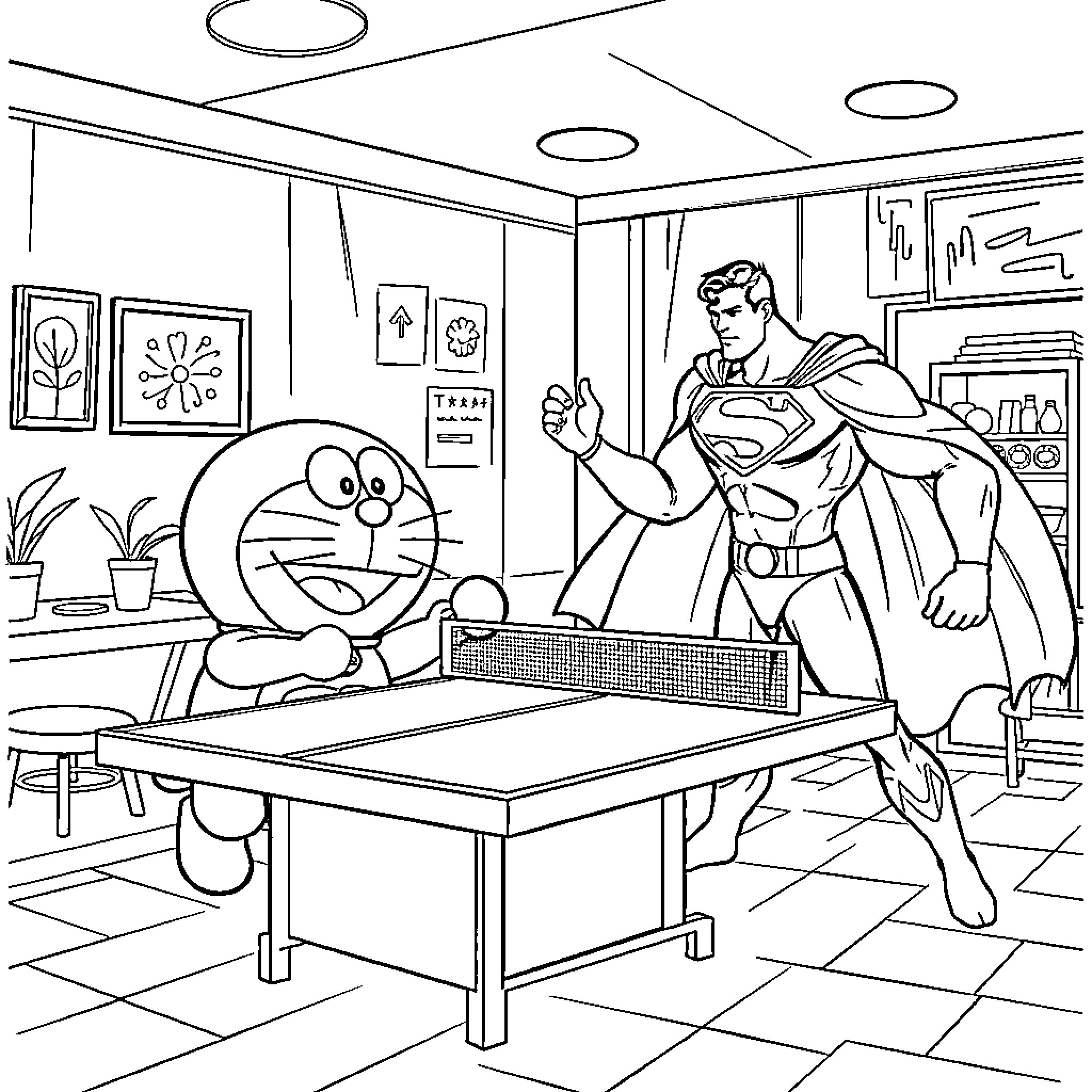 Doraemon playing table tennis with Superman Coloring Page (free black-and-white line drawing printable PDF for all, from beginners to advanced learners, including children, teens, adults, and seniors)