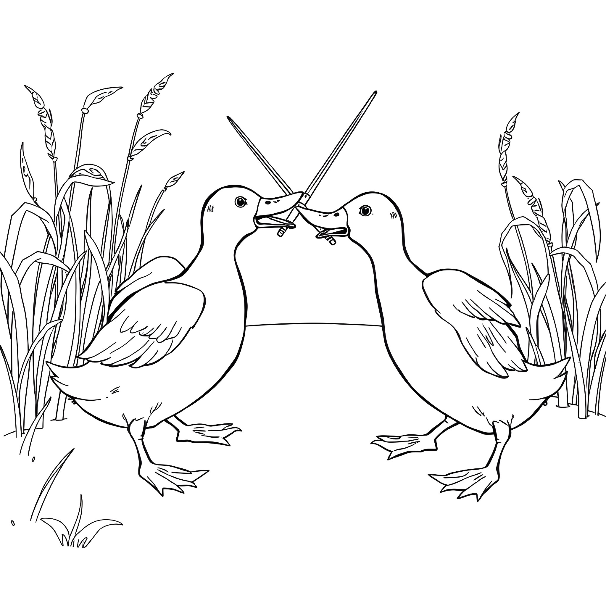 Duck Duo Dueling in the Wetlands Coloring Page (free black-and-white line drawing printable PDF for all, from beginners to advanced learners, including children, teens, adults, and seniors)