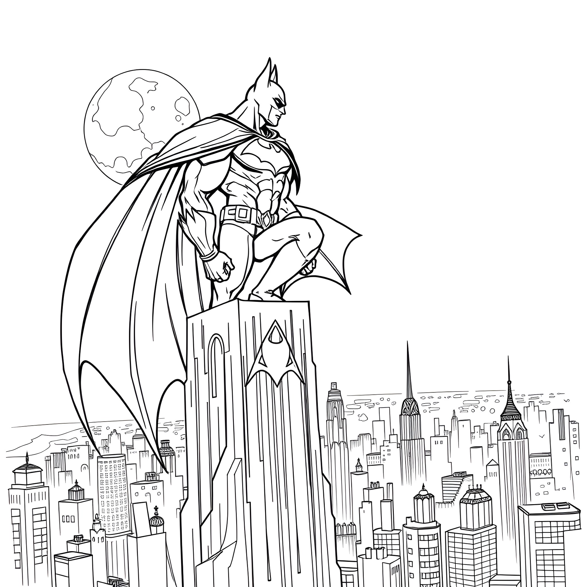 Vampire Batman watching over the city at night Coloring Page (free black-and-white line drawing printable PDF for all, from beginners to advanced learners, including children, teens, adults, and seniors)