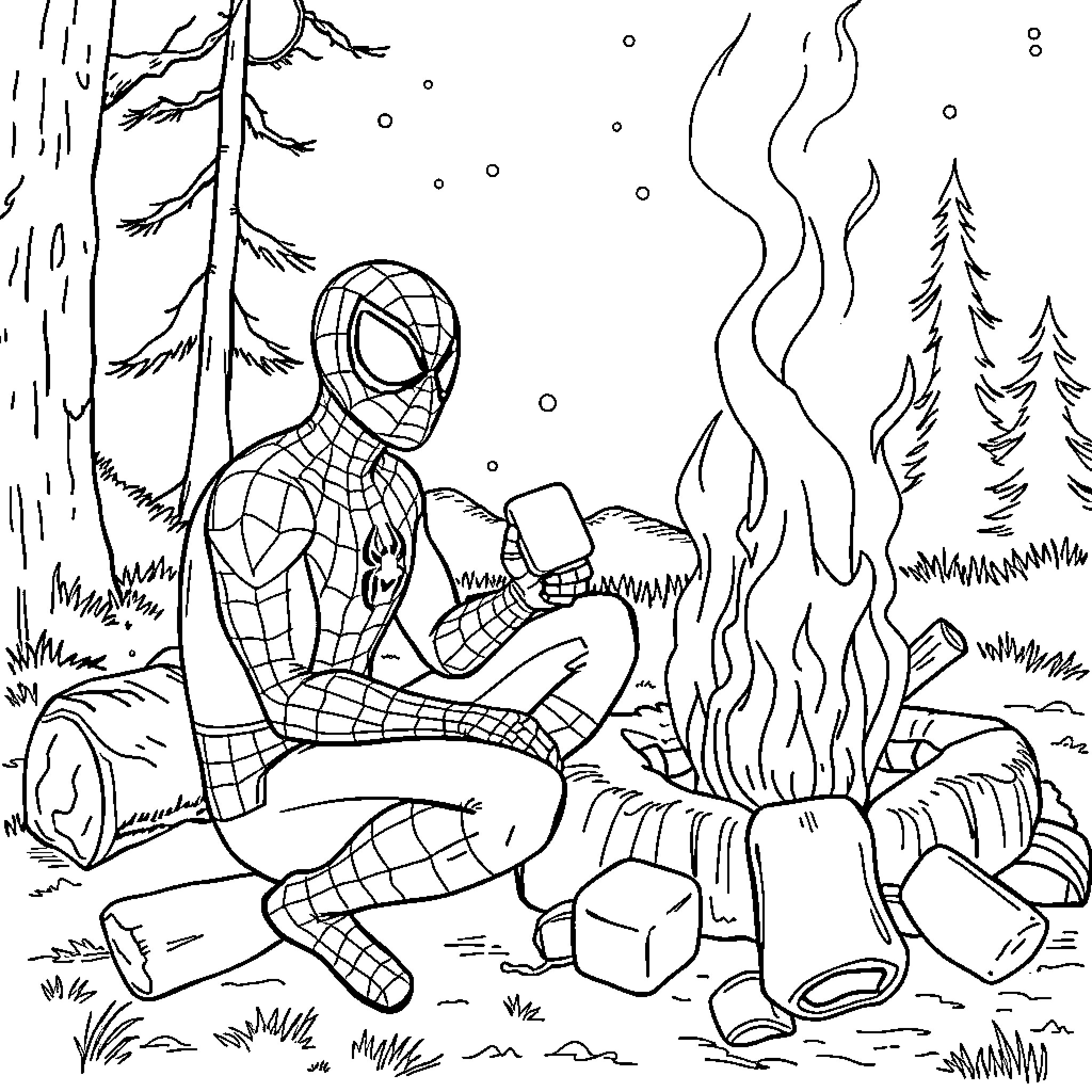 Spider-Man resting by a campfire in the woods Coloring Page (free black-and-white line drawing printable PDF for all, from beginners to advanced learners, including children, teens, adults, and seniors)