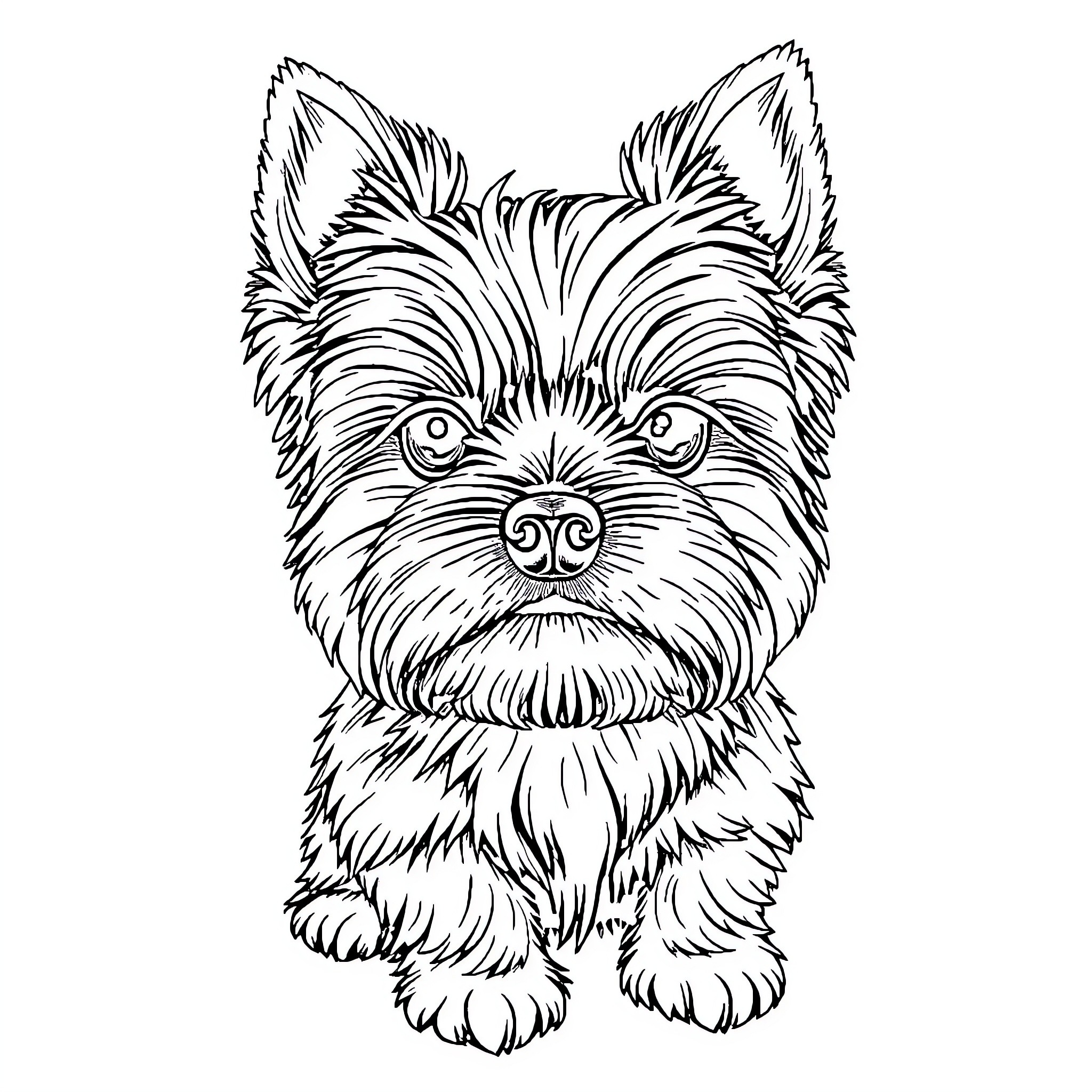 Yorkshire Dog with Expressive Face Coloring Page (free black-and-white line drawing printable PDF for all, from beginners to advanced learners, including children, teens, adults, and seniors)