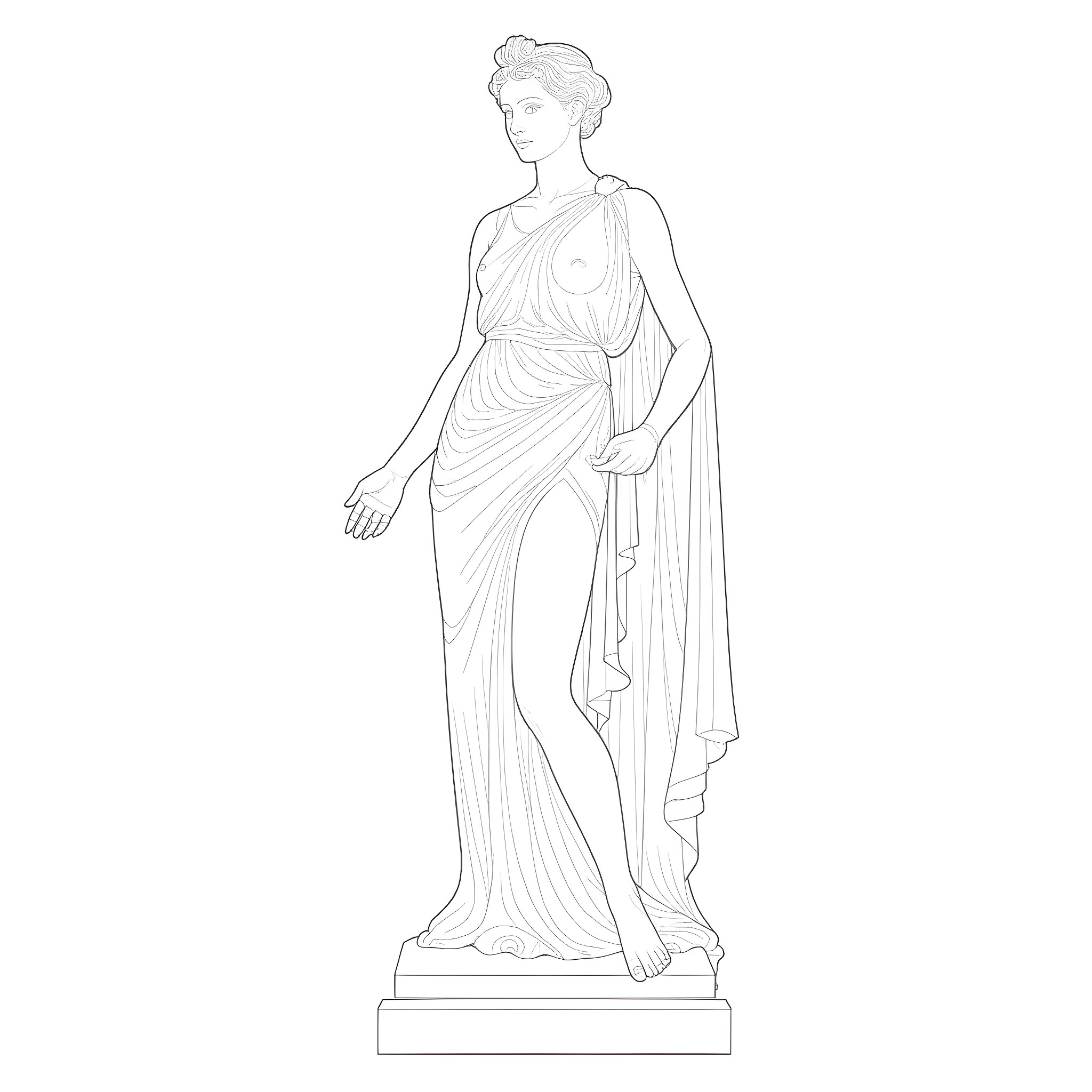 Goddess in Elegant Flowing Robes Coloring Page (free black-and-white line drawing printable PDF for all, from beginners to advanced learners, including children, teens, adults, and seniors)