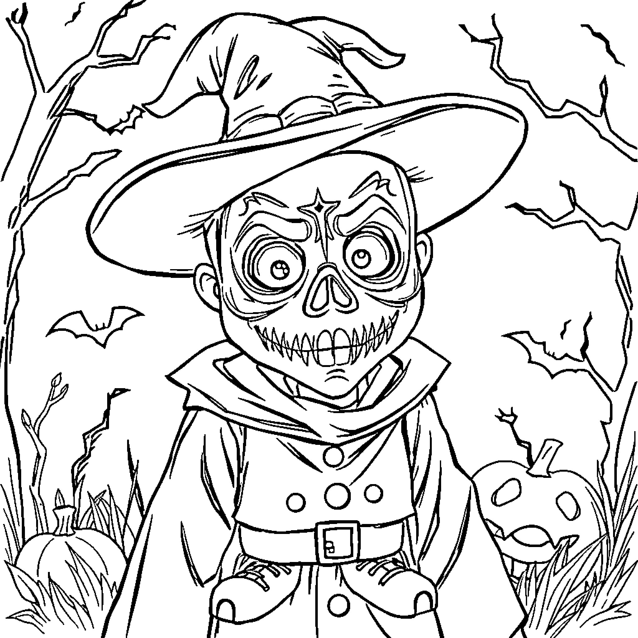 Nombre: Spooky scarecrow in the haunted forest Coloring Page (free black-and-white line drawing printable PDF for all, from beginners to advanced learners, including children, teens, adults, and seniors)