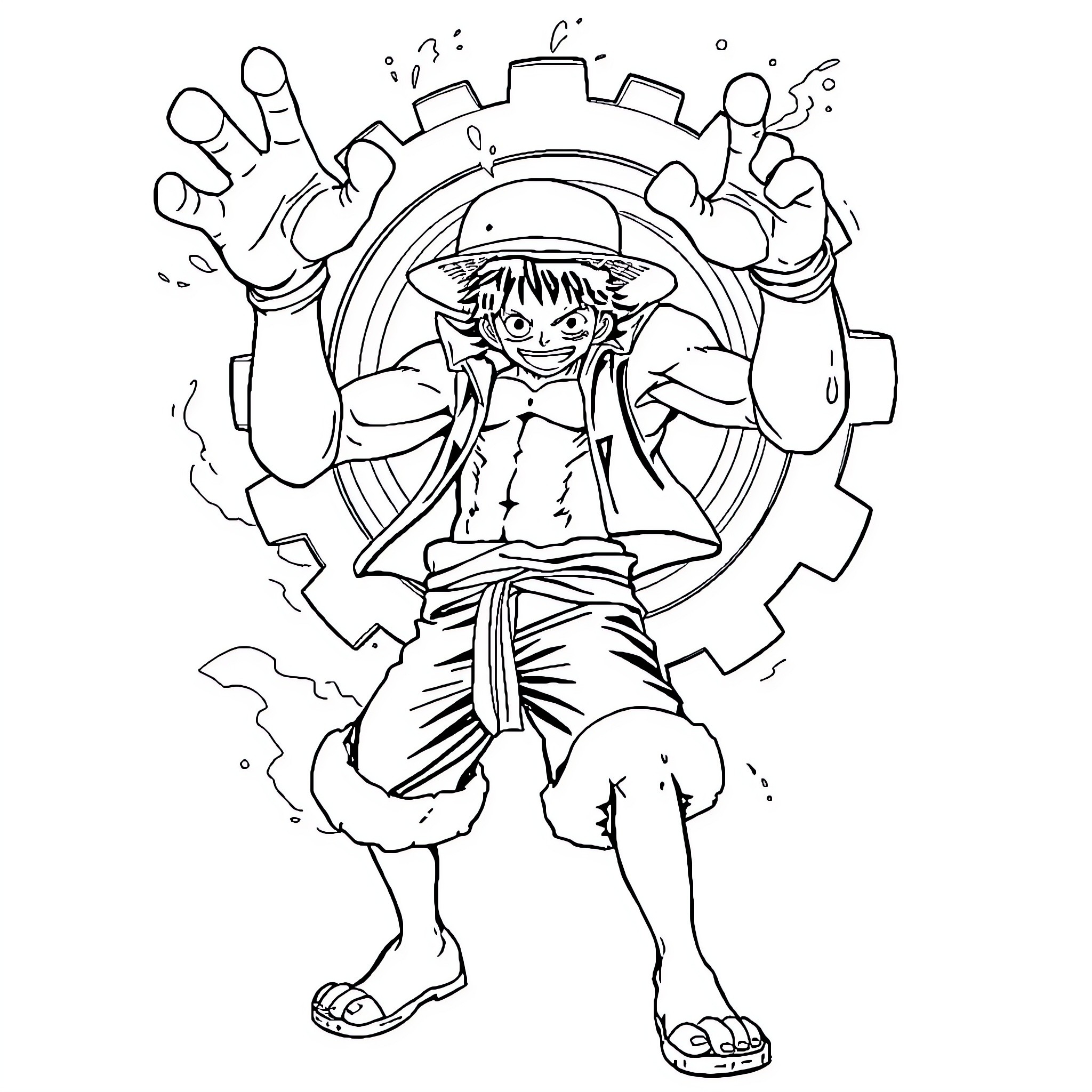 Luffy's Playful Pirate Adventure Coloring Page (free black-and-white line drawing printable PDF for all, from beginners to advanced learners, including children, teens, adults, and seniors)