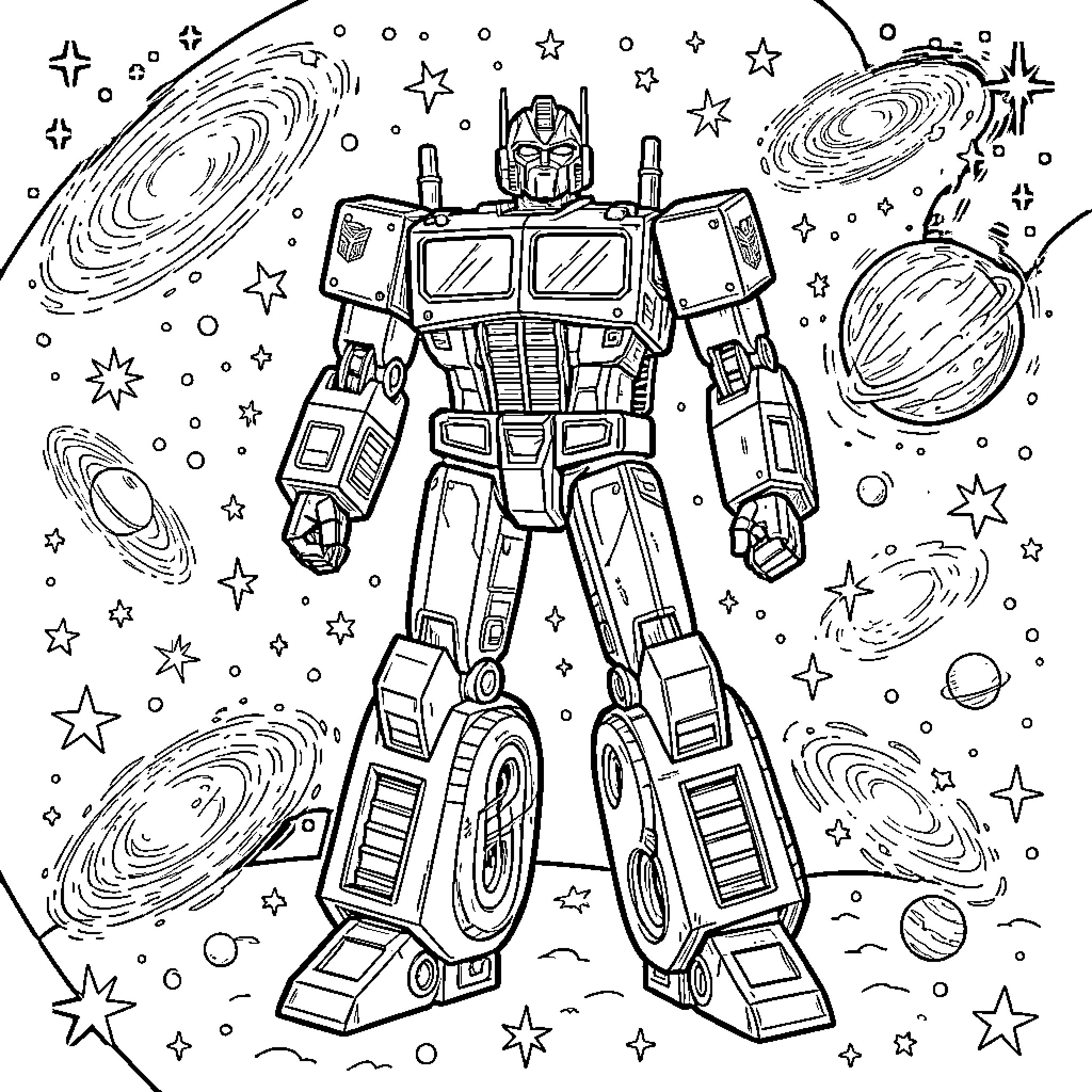 Optimus Prime Navigates the Galactic Landscape Coloring Page (free black-and-white line drawing printable PDF for all, from beginners to advanced learners, including children, teens, adults, and seniors)