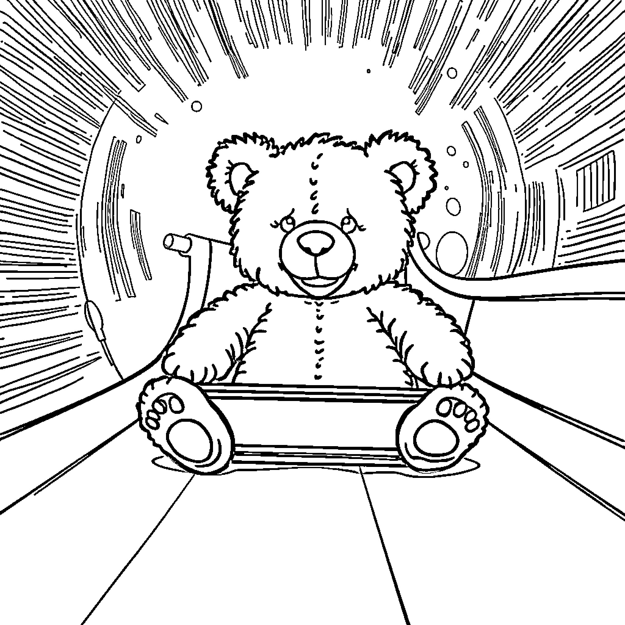 Teddy bear in a cozy scene Coloring Page (free black-and-white line drawing printable PDF for all, from beginners to advanced learners, including children, teens, adults, and seniors)