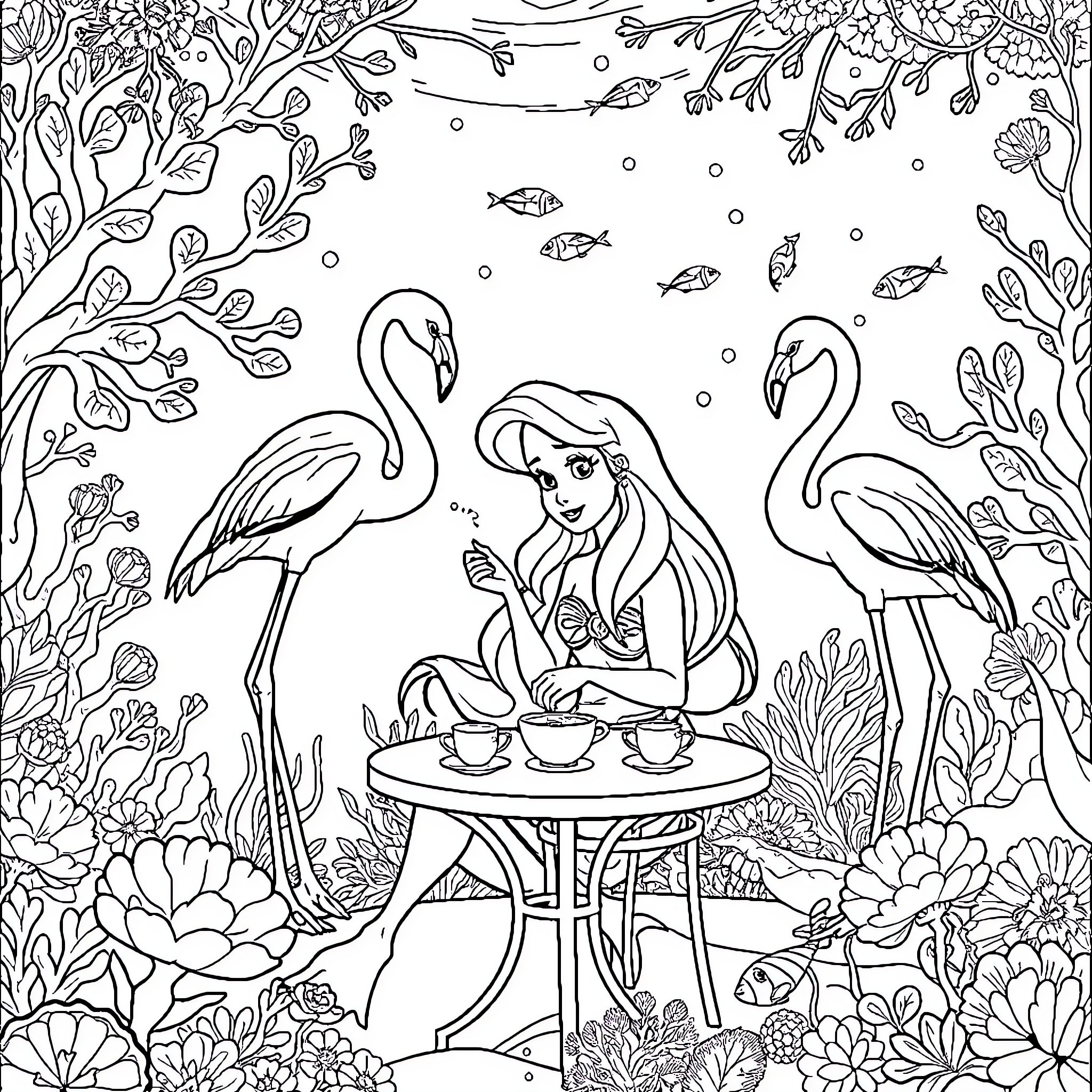 Ariel's Enchanting Tea Party with Flamingos in the Garden Coloring Page (free black-and-white line drawing printable PDF for all, from beginners to advanced learners, including children, teens, adults, and seniors)
