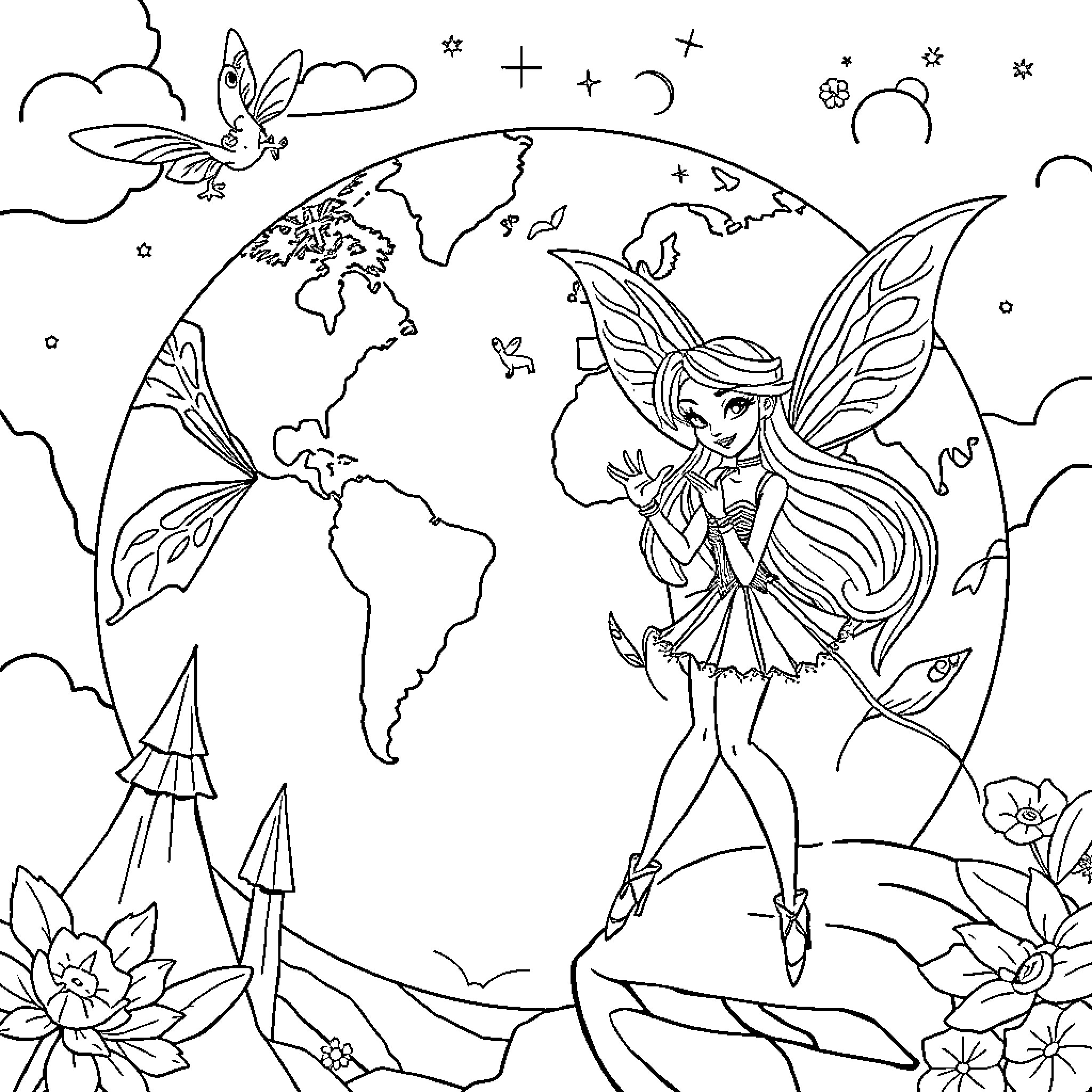Winx Fairy Flying Over Magical World Coloring Page (free black-and-white line drawing printable PDF for all, from beginners to advanced learners, including children, teens, adults, and seniors)
