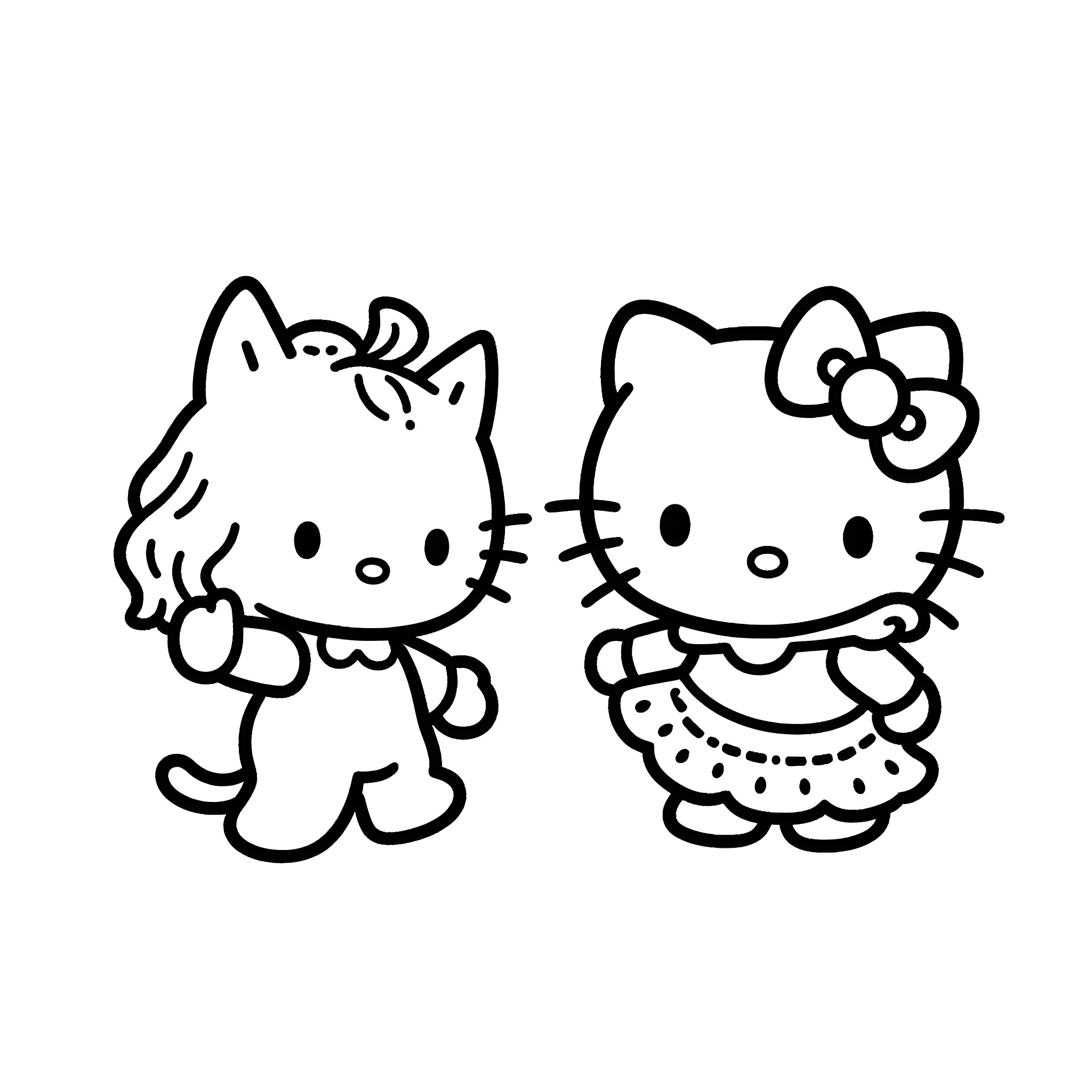 Bluey and Hello Kitty playing together Coloring Page (free black-and-white line drawing printable PDF for all, from beginners to advanced learners, including children, teens, adults, and seniors)