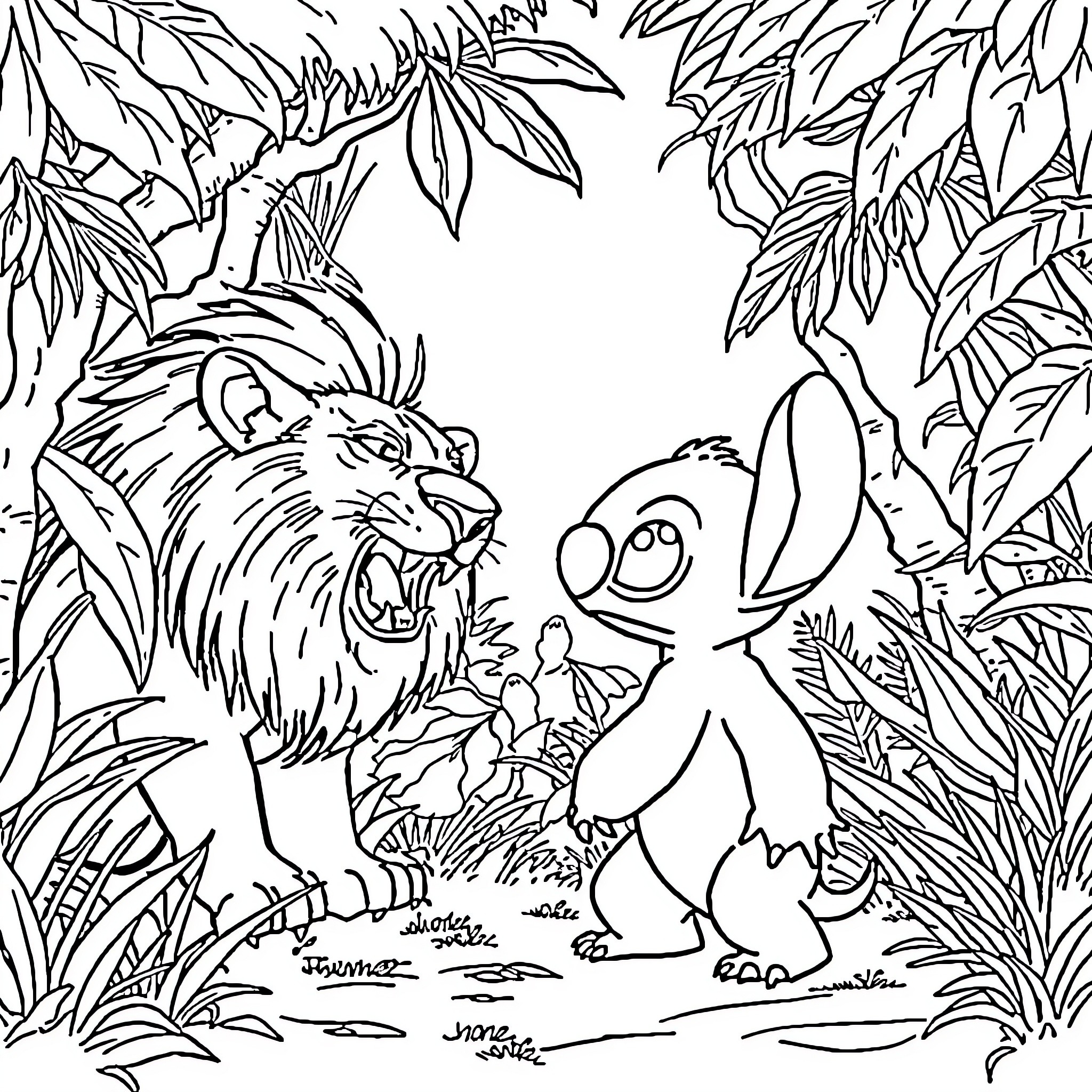 Stitch exploring the jungle with a roaring lion Coloring Page (free black-and-white line drawing printable PDF for all, from beginners to advanced learners, including children, teens, adults, and seniors)