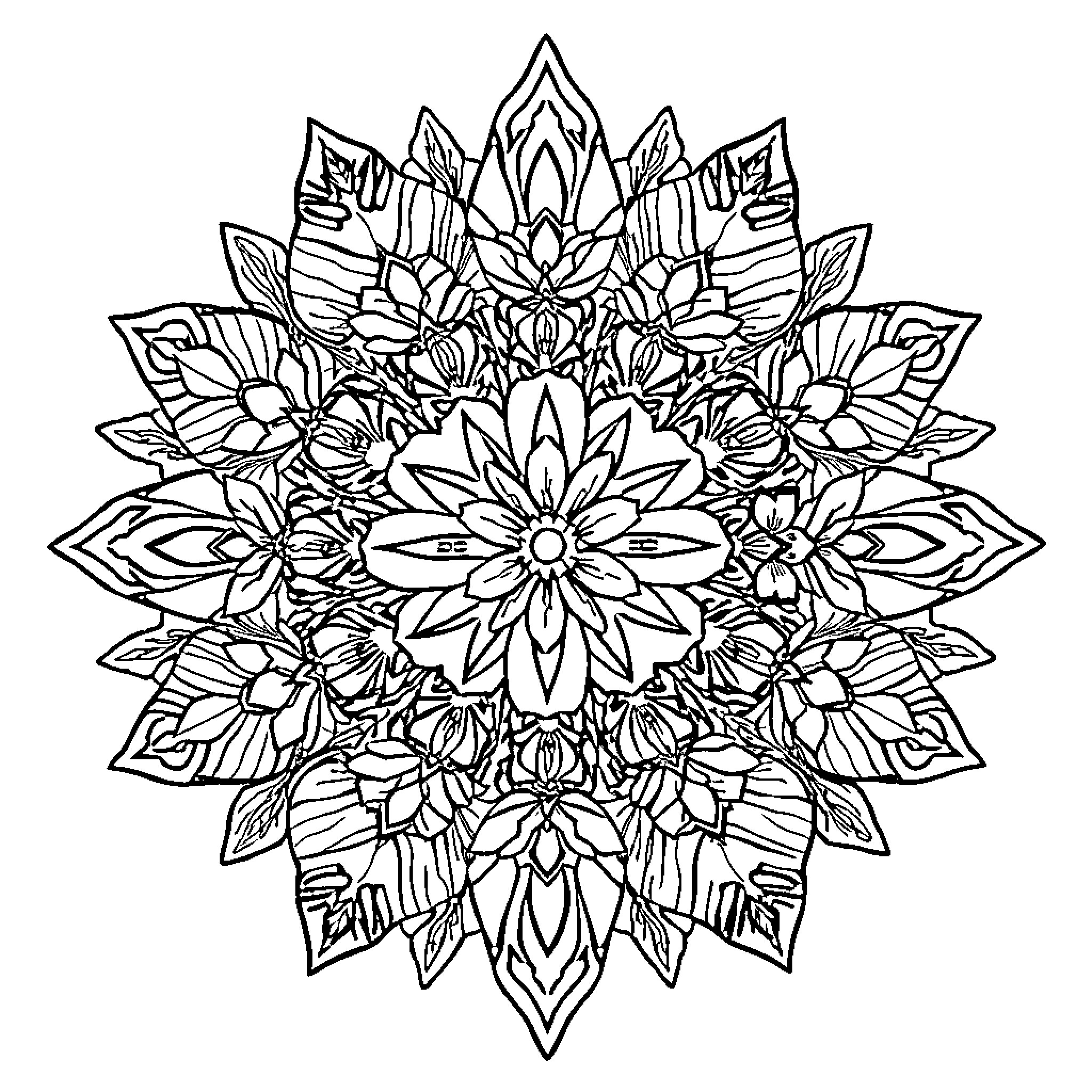 Mandala of intricate floral patterns Coloring Page (free black-and-white line drawing printable PDF for all, from beginners to advanced learners, including children, teens, adults, and seniors)