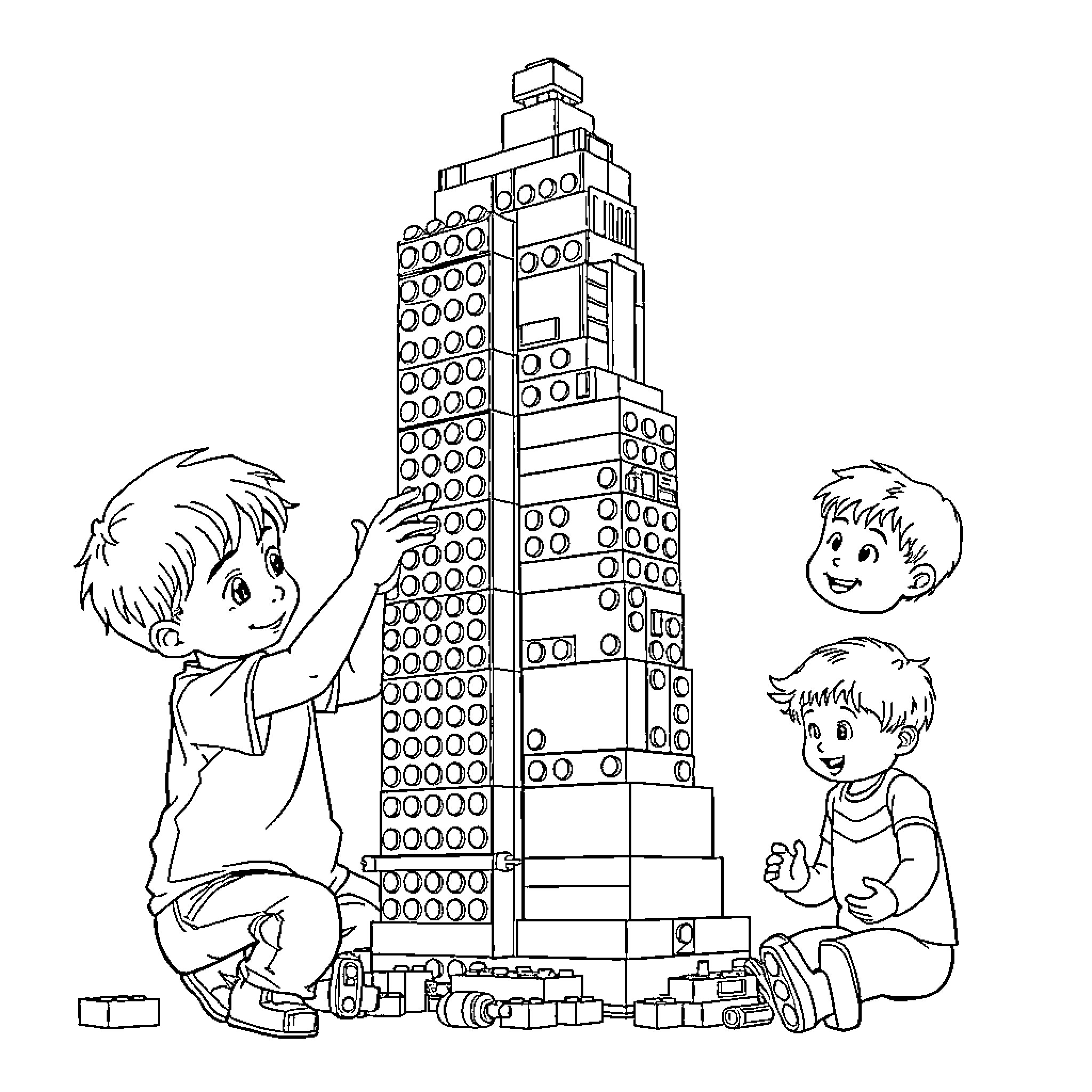 Boys Building a Tall Lego Tower Coloring Page (free black-and-white line drawing printable PDF for all, from beginners to advanced learners, including children, teens, adults, and seniors)