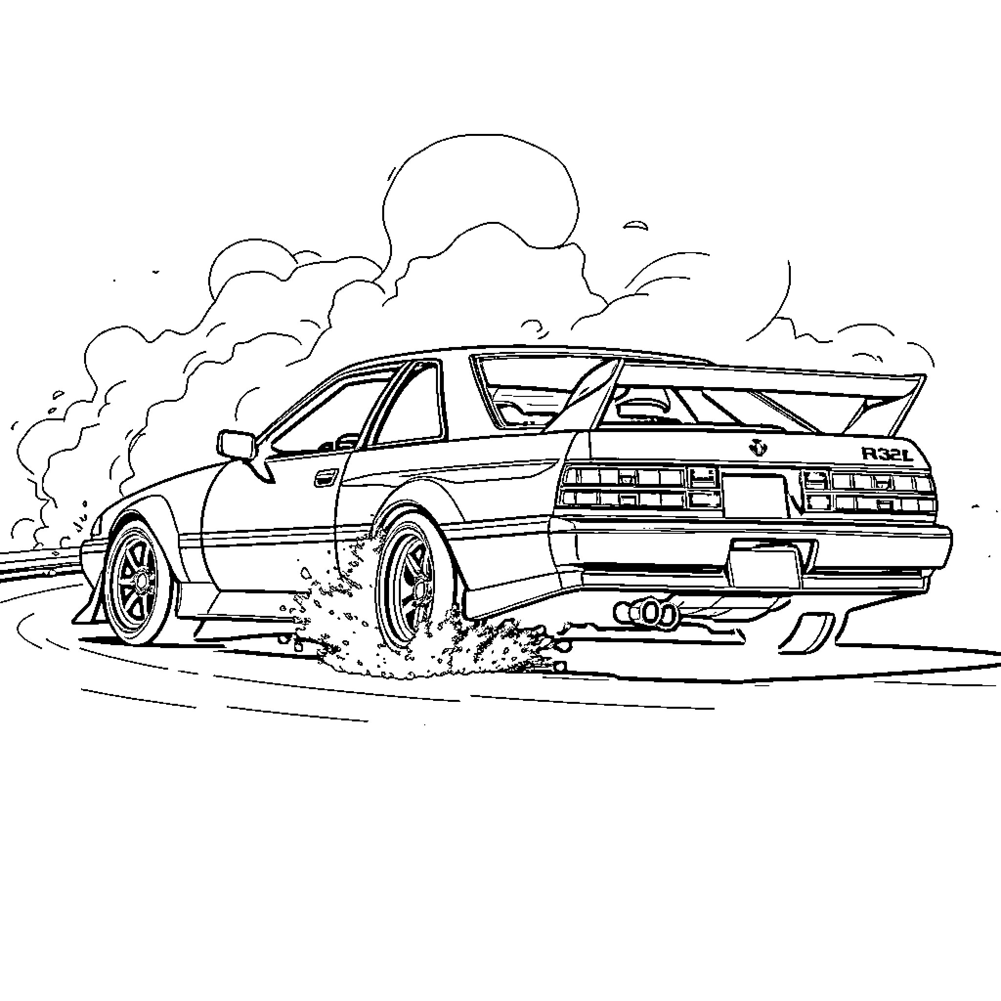 R32 Drifting Through Curves on the Road Coloring Page (free black-and-white line drawing printable PDF for all, from beginners to advanced learners, including children, teens, adults, and seniors)