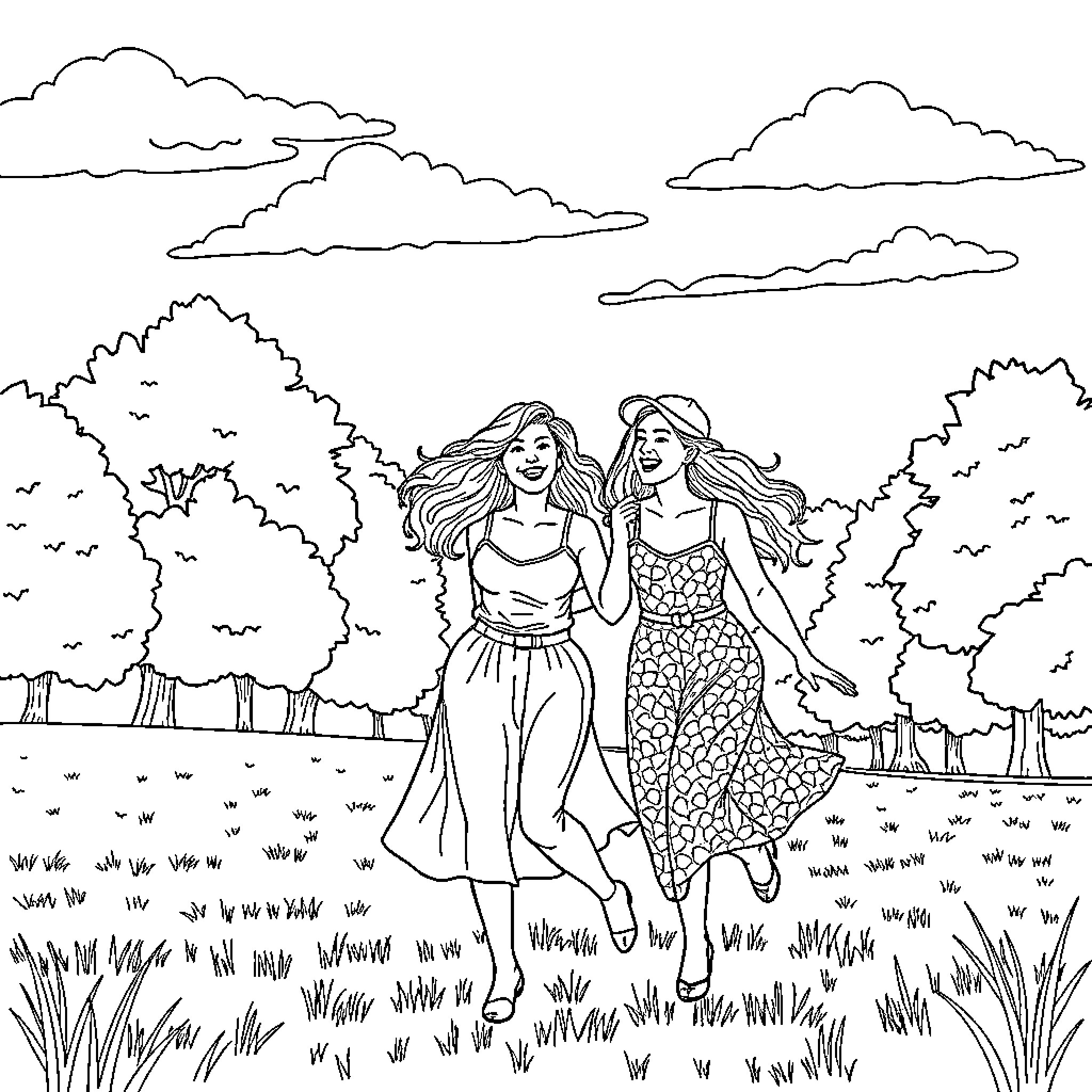 Women strolling through a serene landscape Coloring Page (free black-and-white line drawing printable PDF for all, from beginners to advanced learners, including children, teens, adults, and seniors)