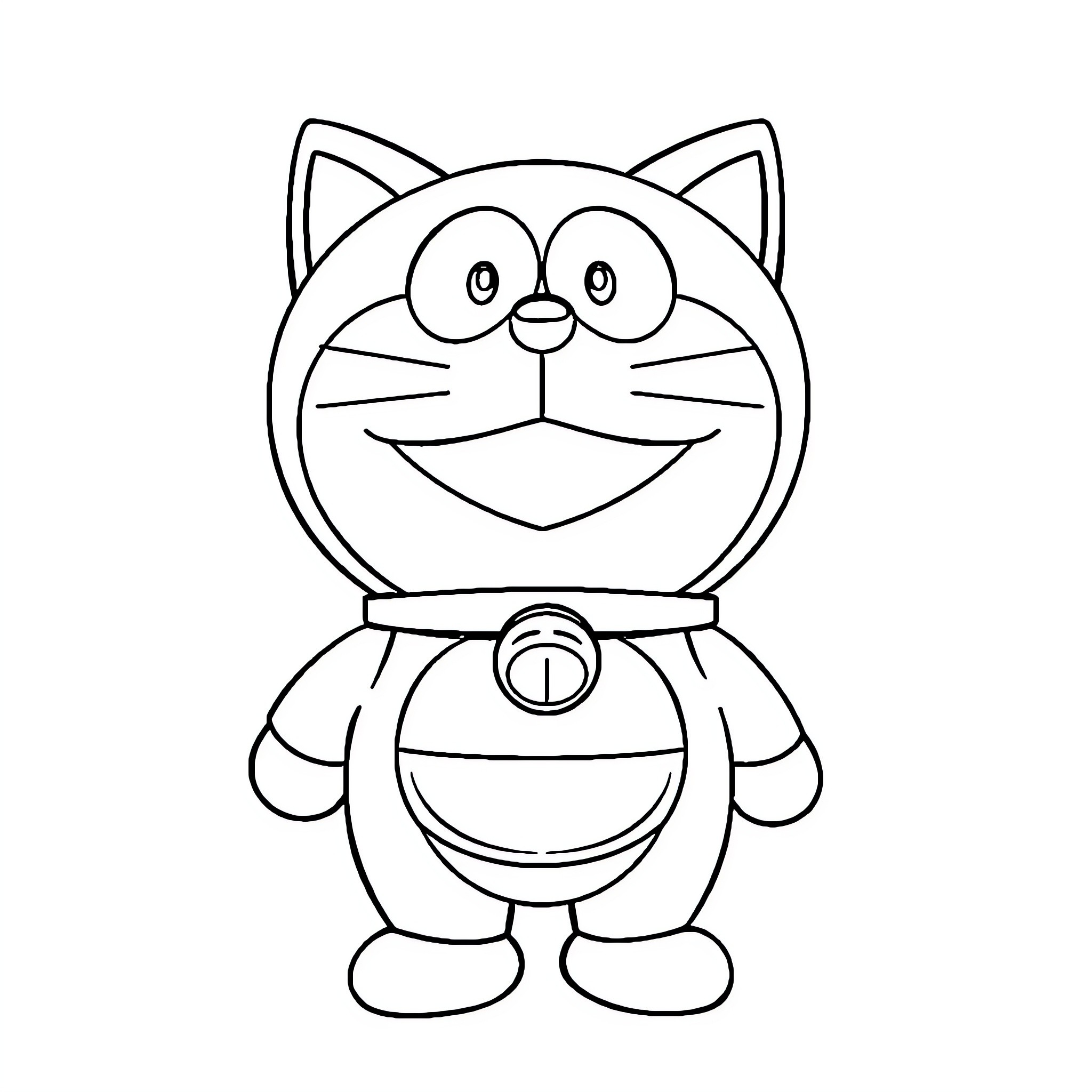 Doremon the happy robotic cat Coloring Page (free black-and-white line drawing printable PDF for all, from beginners to advanced learners, including children, teens, adults, and seniors)