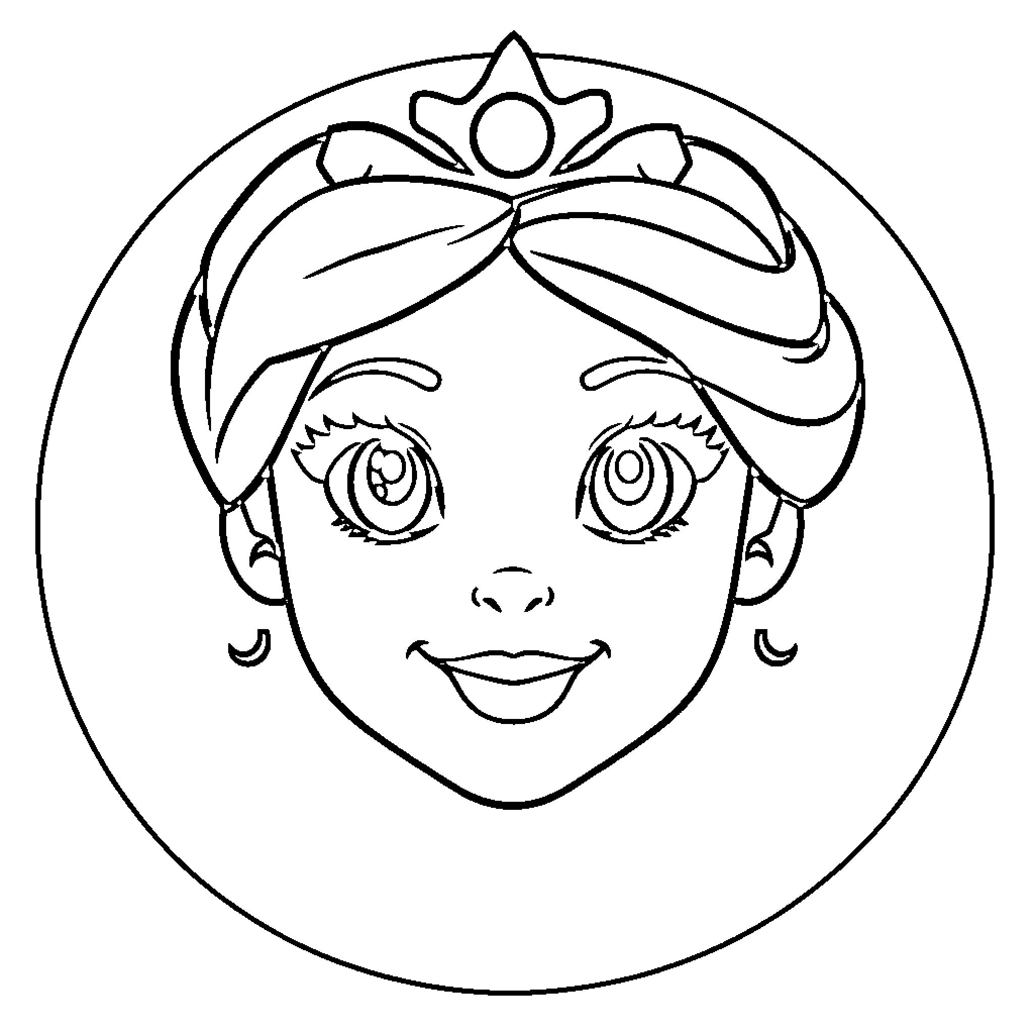 Princess with Crown Smiling Happily Coloring Page (free black-and-white line drawing printable PDF for all, from beginners to advanced learners, including children, teens, adults, and seniors)