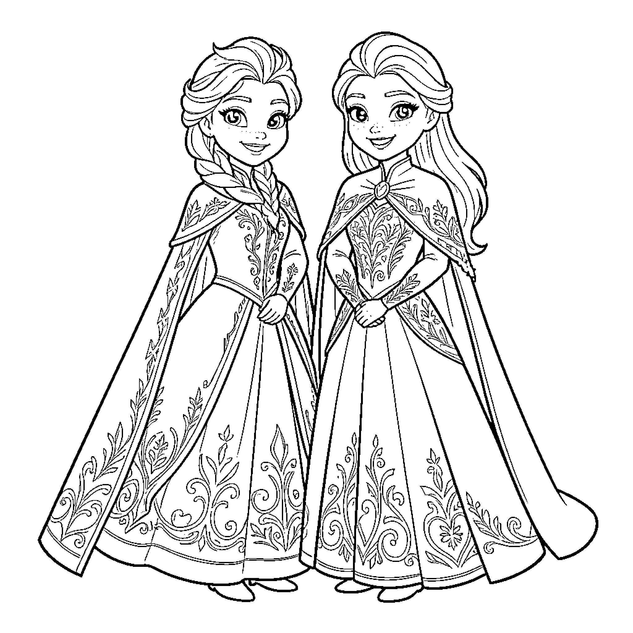 Anna and Elsa in Elegant Winter Gowns Coloring Page (free black-and-white line drawing printable PDF for all, from beginners to advanced learners, including children, teens, adults, and seniors)