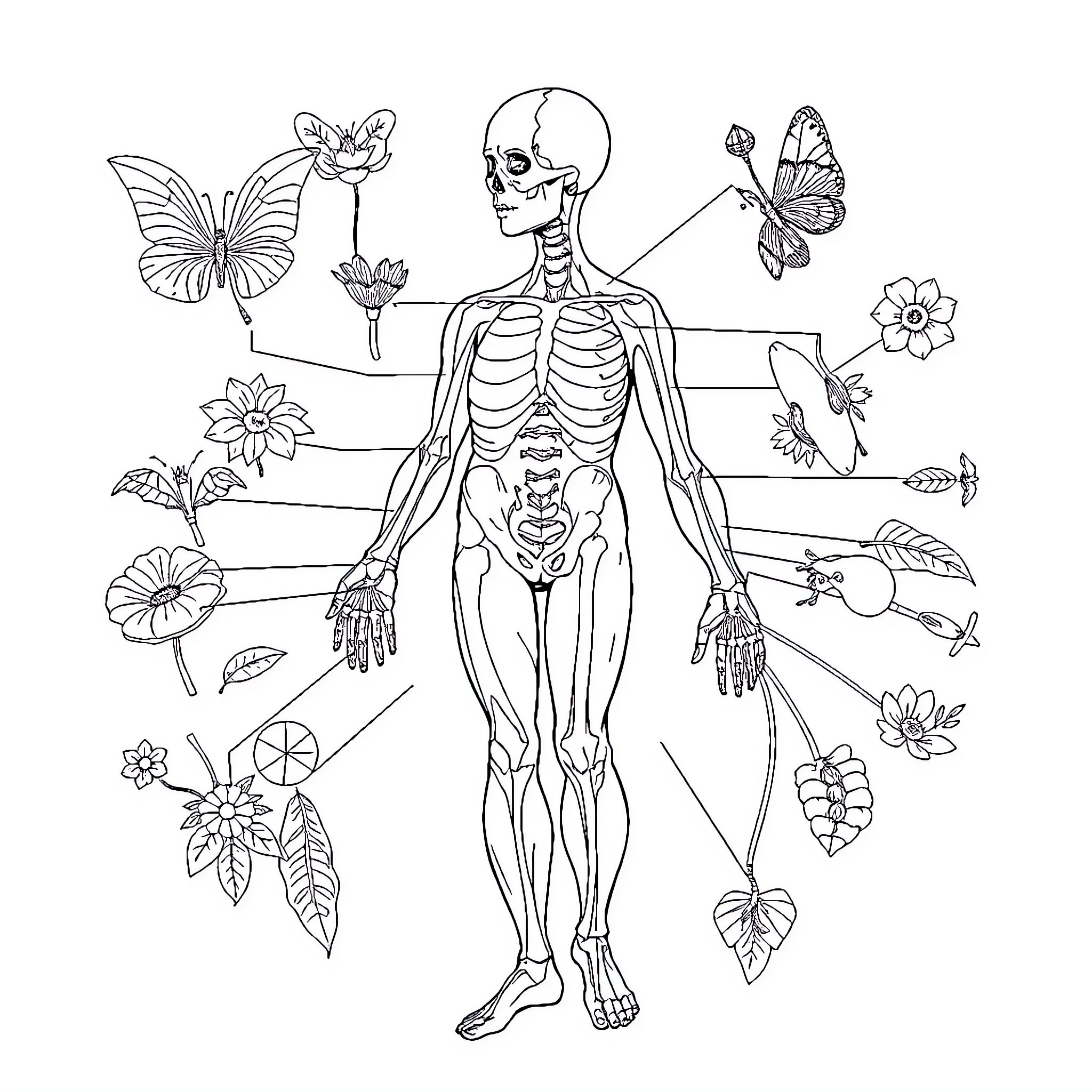 Human Anatomy Depicted with Floral Elements Coloring Page (free black-and-white line drawing printable PDF for all, from beginners to advanced learners, including children, teens, adults, and seniors)