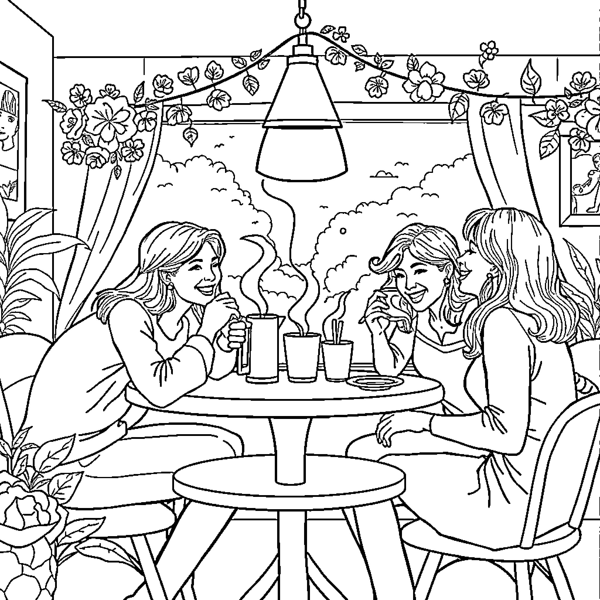 Coffee Break for Friends in Cozy Cafe Coloring Page (free black-and-white line drawing printable PDF for all, from beginners to advanced learners, including children, teens, adults, and seniors)