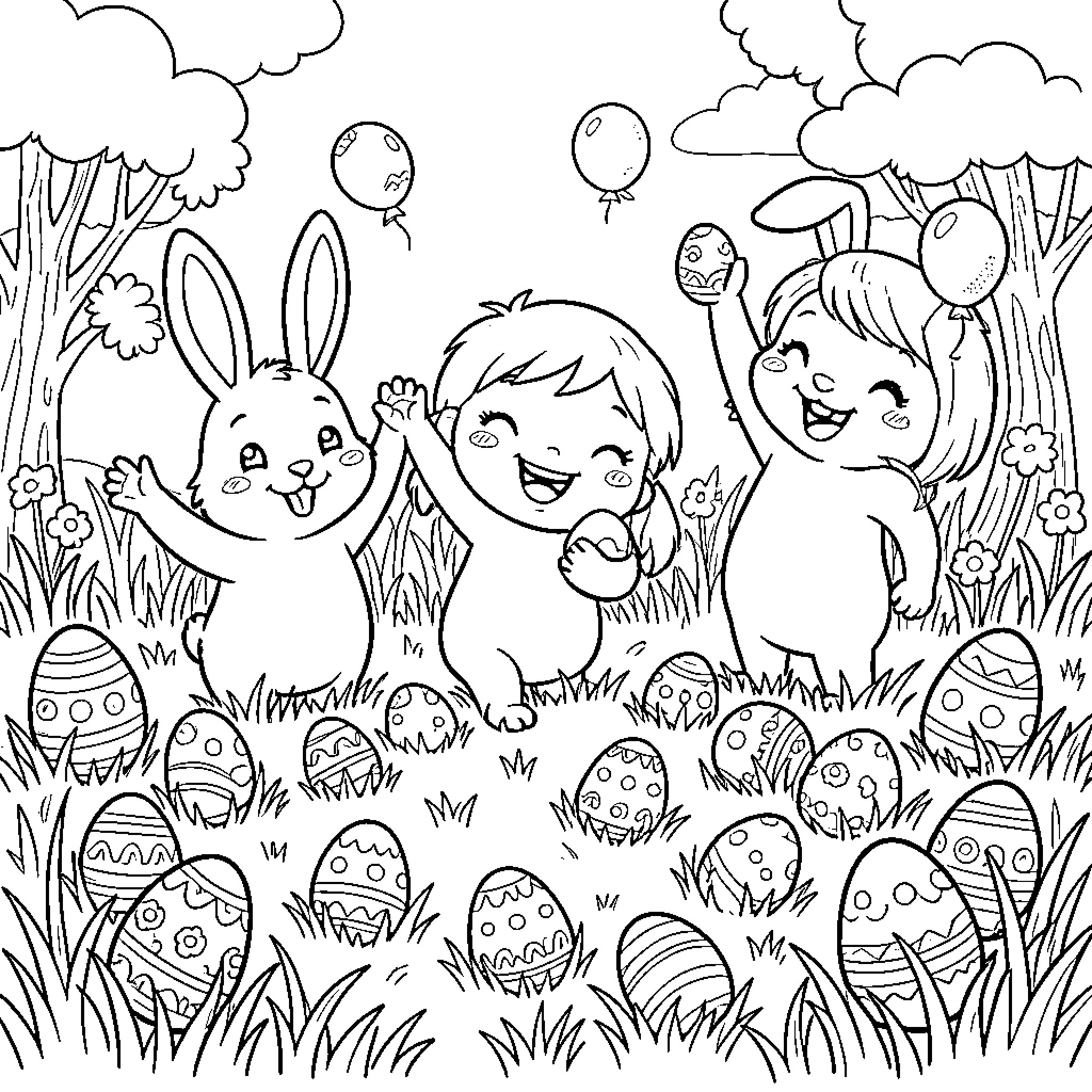 Easter Fun with Playful Bunnies and Children Coloring Page (free black-and-white line drawing printable PDF for all, from beginners to advanced learners, including children, teens, adults, and seniors)