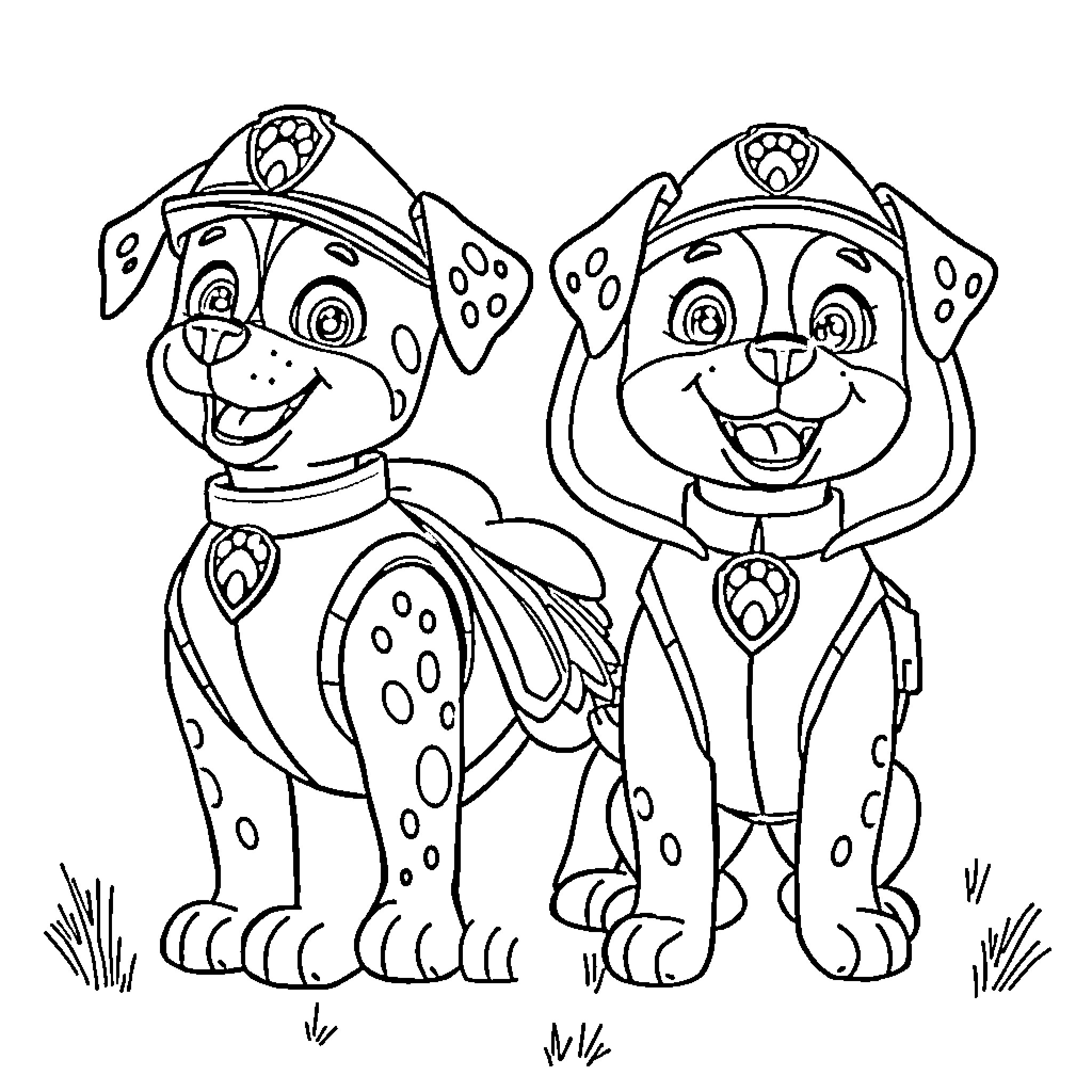 Paw Patrol pups in action on the field Coloring Page (free black-and-white line drawing printable PDF for all, from beginners to advanced learners, including children, teens, adults, and seniors)