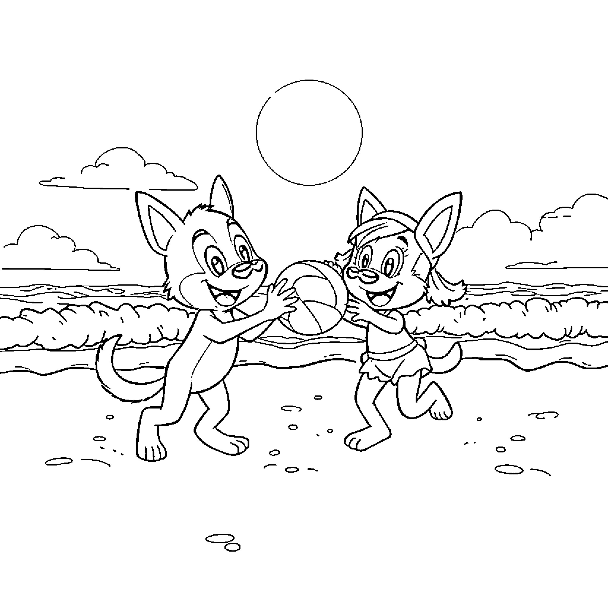 Bluey and friends play happily at the beach Coloring Page (free black-and-white line drawing printable PDF for all, from beginners to advanced learners, including children, teens, adults, and seniors)
