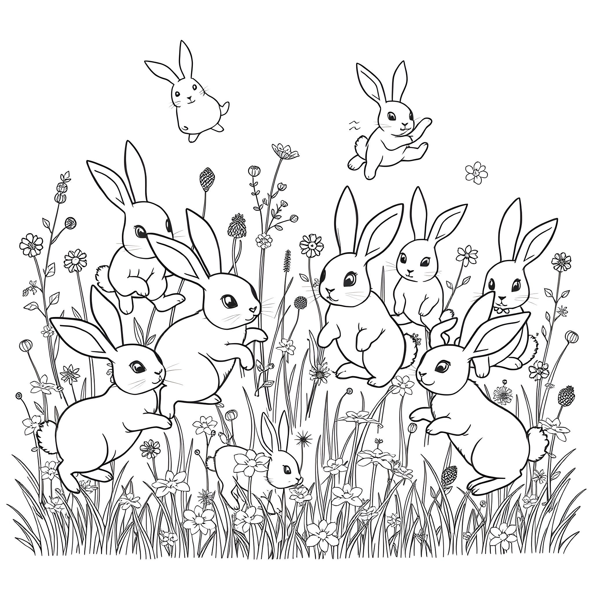 Rabbit friends playing in the garden Coloring Page (free black-and-white line drawing printable PDF for all, from beginners to advanced learners, including children, teens, adults, and seniors)