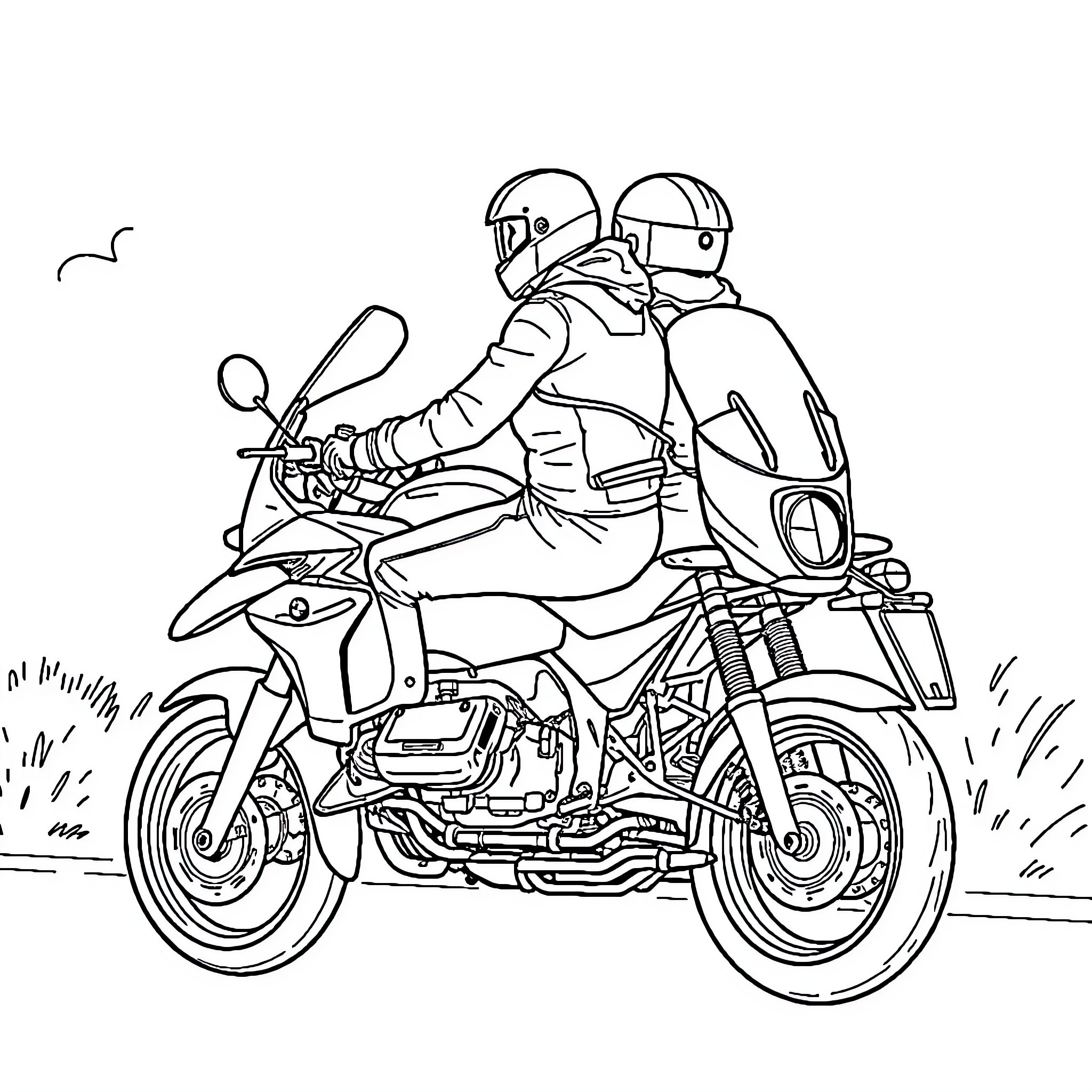 BMW Motorcyclists Riding Together on the Road Coloring Page (free black-and-white line drawing printable PDF for all, from beginners to advanced learners, including children, teens, adults, and seniors)