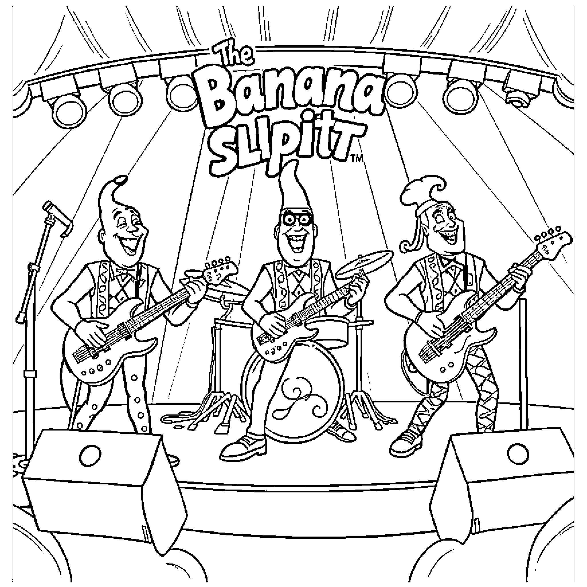 Banana Split Band Performing Live on Stage Coloring Page (free black-and-white line drawing printable PDF for all, from beginners to advanced learners, including children, teens, adults, and seniors)