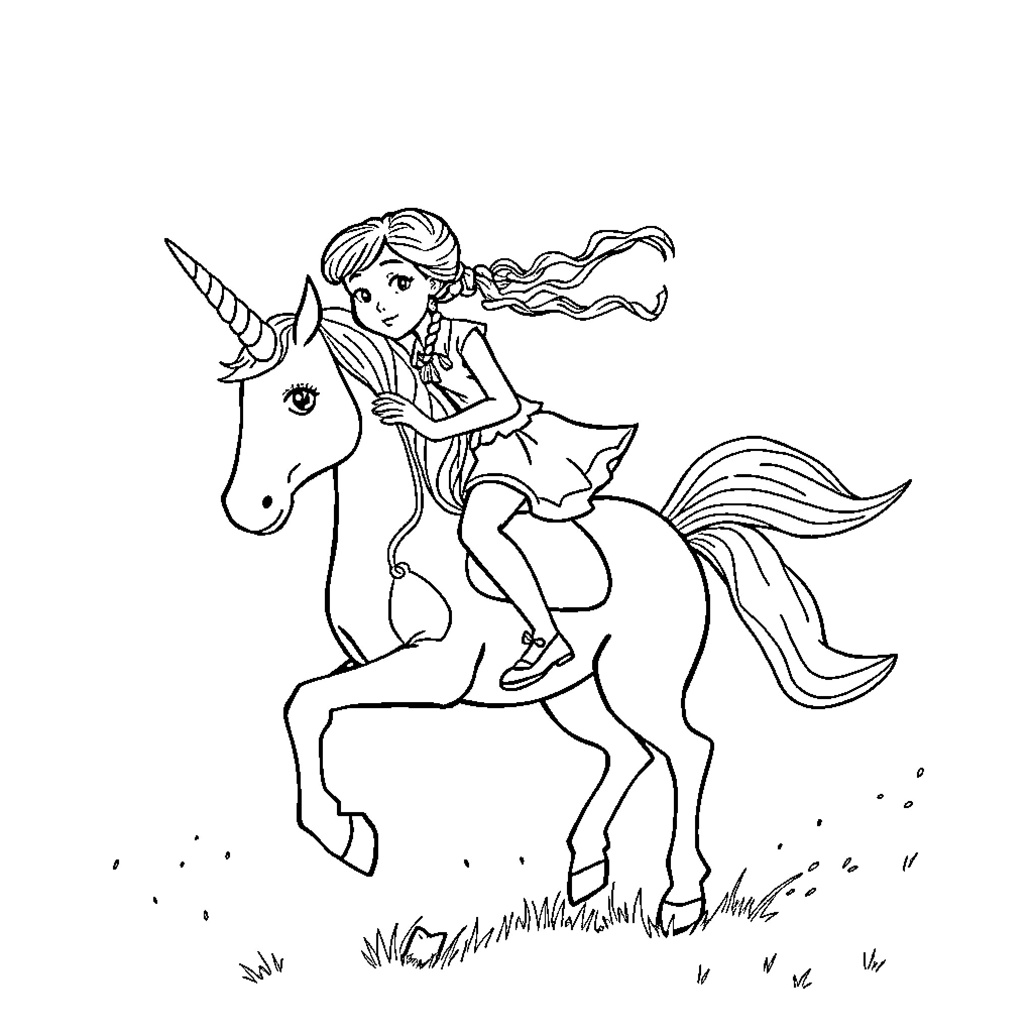 Pippi Longstocking riding a magical unicorn Coloring Page (free black-and-white line drawing printable PDF for all, from beginners to advanced learners, including children, teens, adults, and seniors)