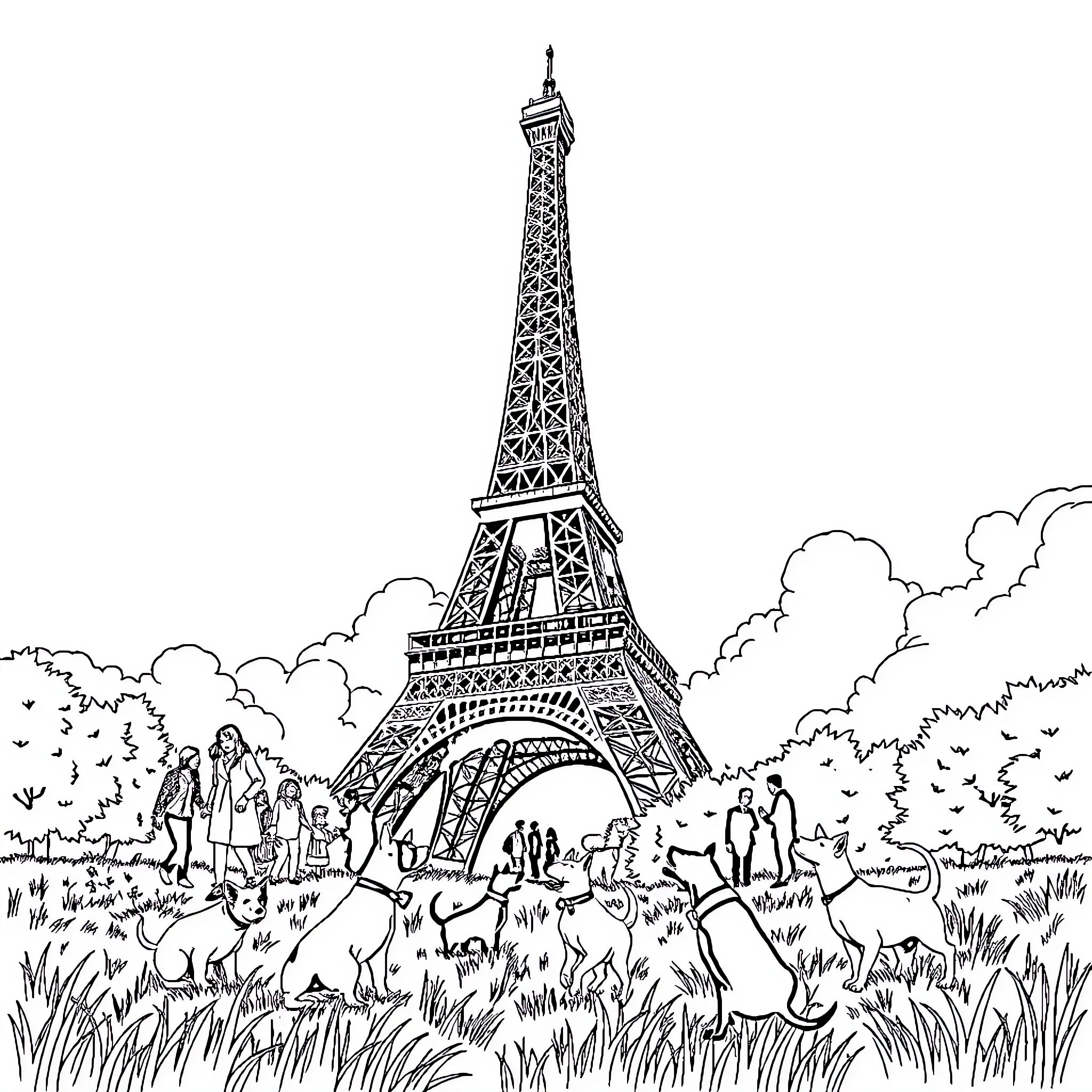 Eiffel Tower surrounded by people and animals Coloring Page (free black-and-white line drawing printable PDF for all, from beginners to advanced learners, including children, teens, adults, and seniors)