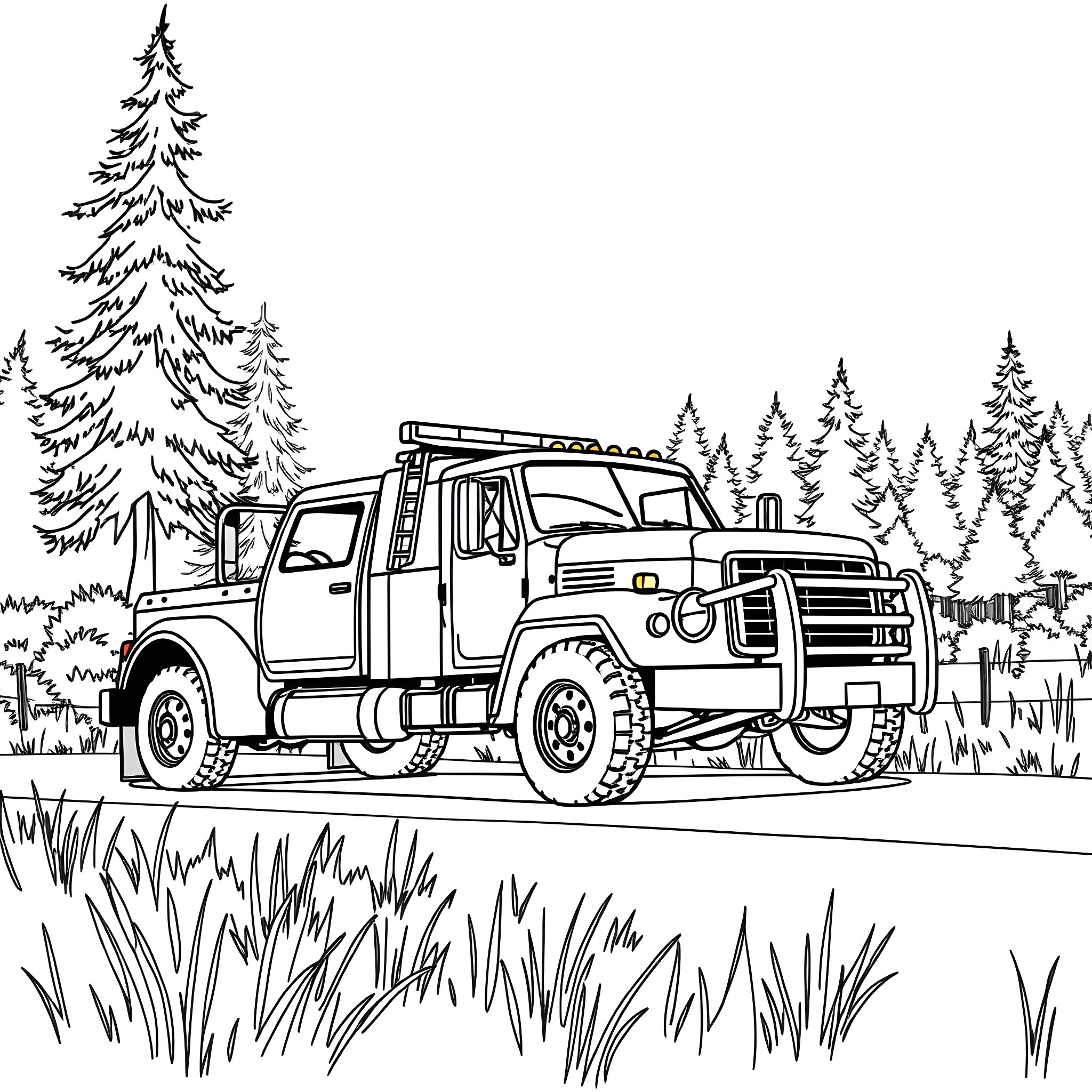 Tow Pickup Truck in Wilderness Landscape Coloring Page (free black-and-white line drawing printable PDF for all, from beginners to advanced learners, including children, teens, adults, and seniors)