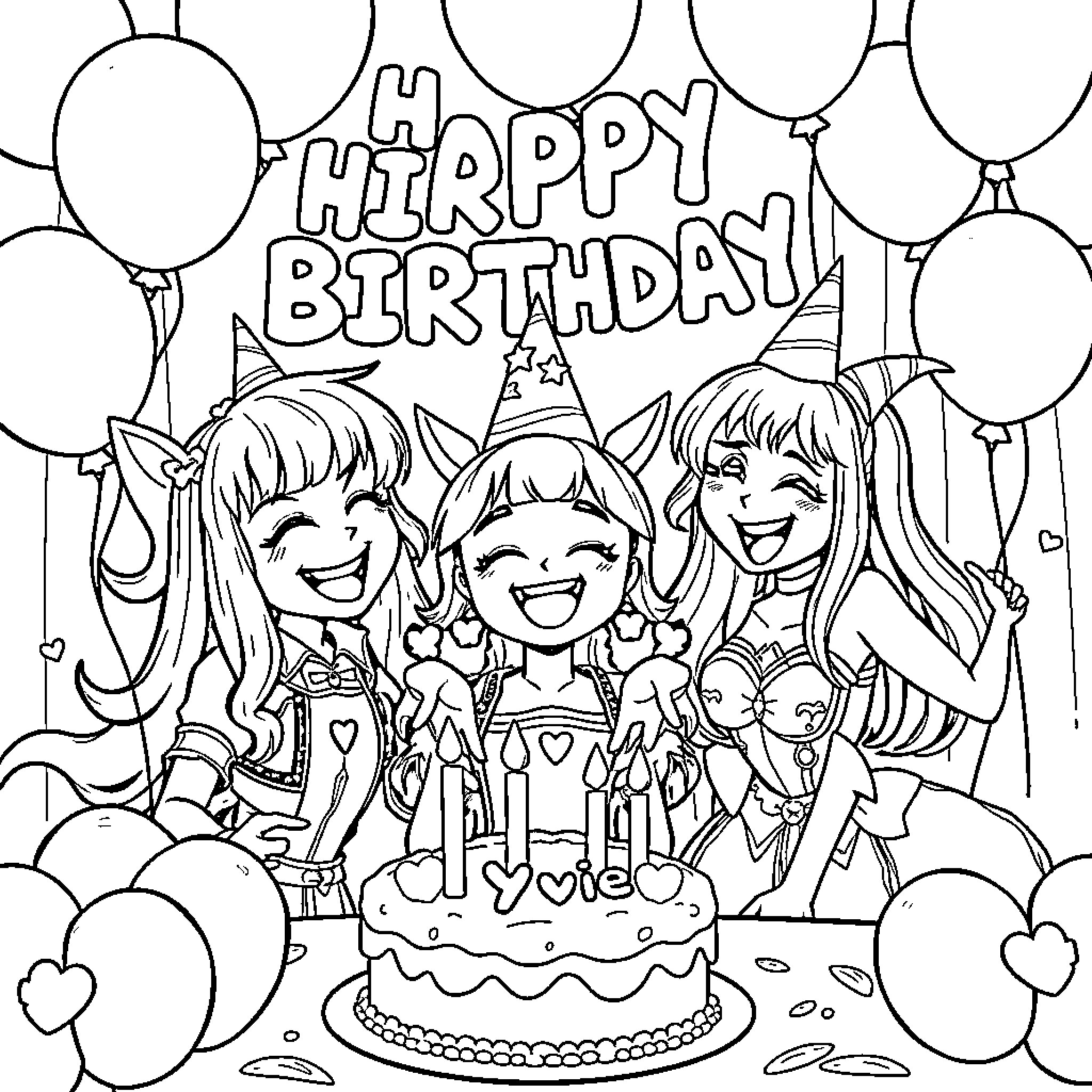 K-POP Demon Hunters celebrate joyful birthday party Coloring Page (free black-and-white line drawing printable PDF for all, from beginners to advanced learners, including children, teens, adults, and seniors)