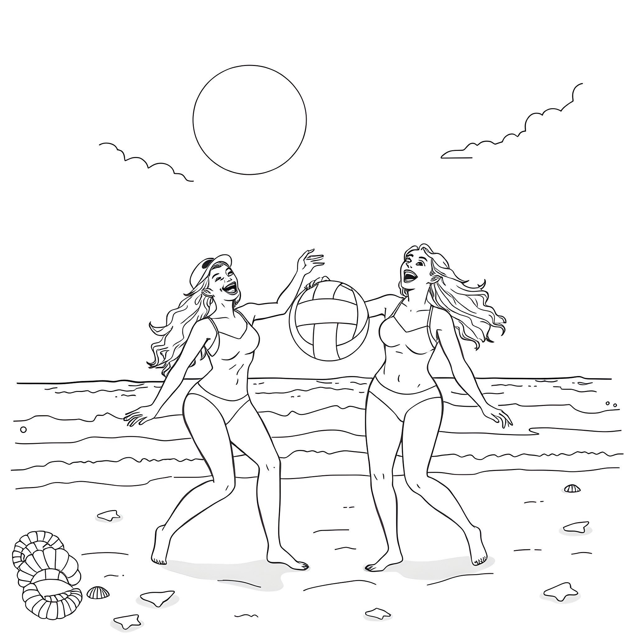 Babe beach babes playing volleyball Coloring Page (free black-and-white line drawing printable PDF for all, from beginners to advanced learners, including children, teens, adults, and seniors)