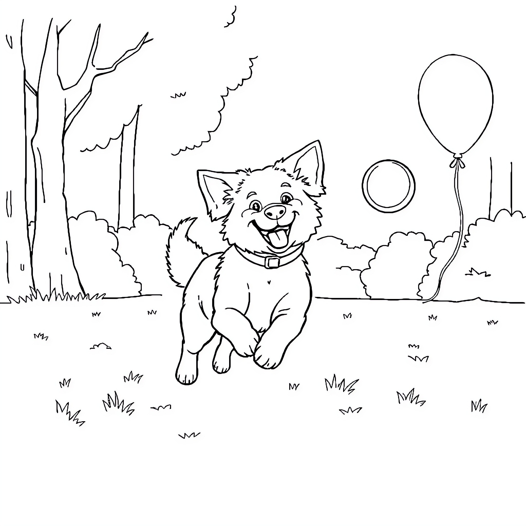 Dog playing happily with balloon in the park Coloring Page (free black-and-white line drawing printable PDF for all, from beginners to advanced learners, including children, teens, adults, and seniors)