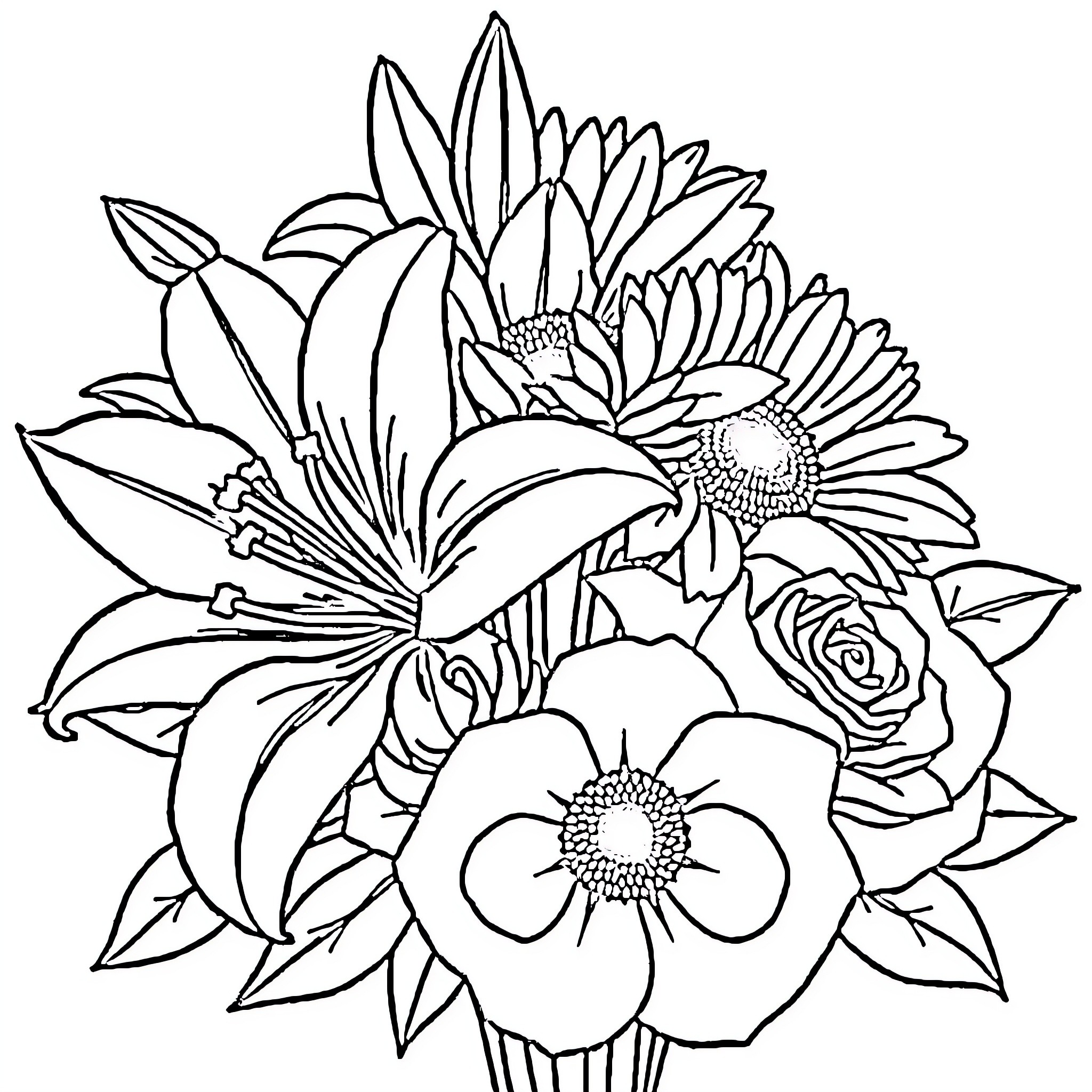 Flower bouquet with vibrant blooms Coloring Page (free black-and-white line drawing printable PDF for all, from beginners to advanced learners, including children, teens, adults, and seniors)