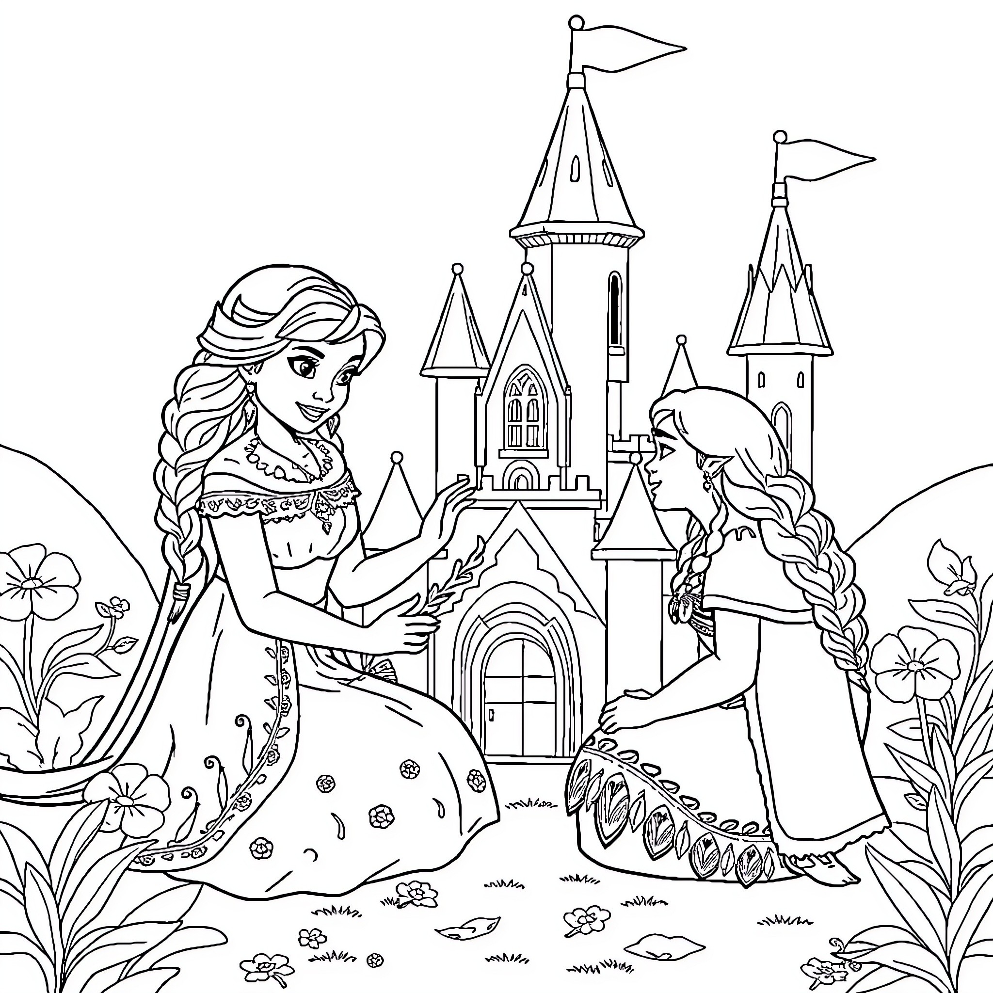 Anna's Enchanting Castle Adventure Coloring Page (free black-and-white line drawing printable PDF for all, from beginners to advanced learners, including children, teens, adults, and seniors)