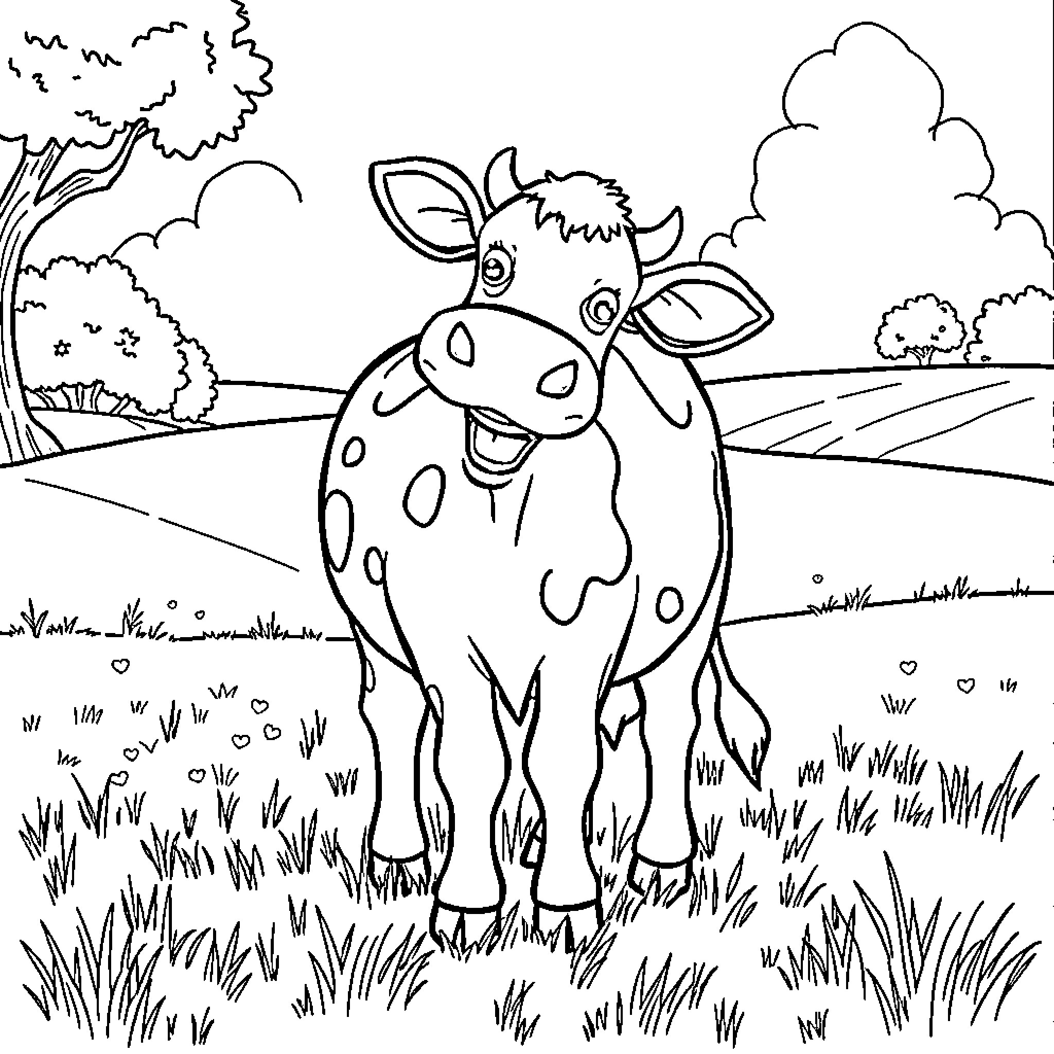 Cow cheerfully standing in a pastoral scene Coloring Page (free black-and-white line drawing printable PDF for all, from beginners to advanced learners, including children, teens, adults, and seniors)