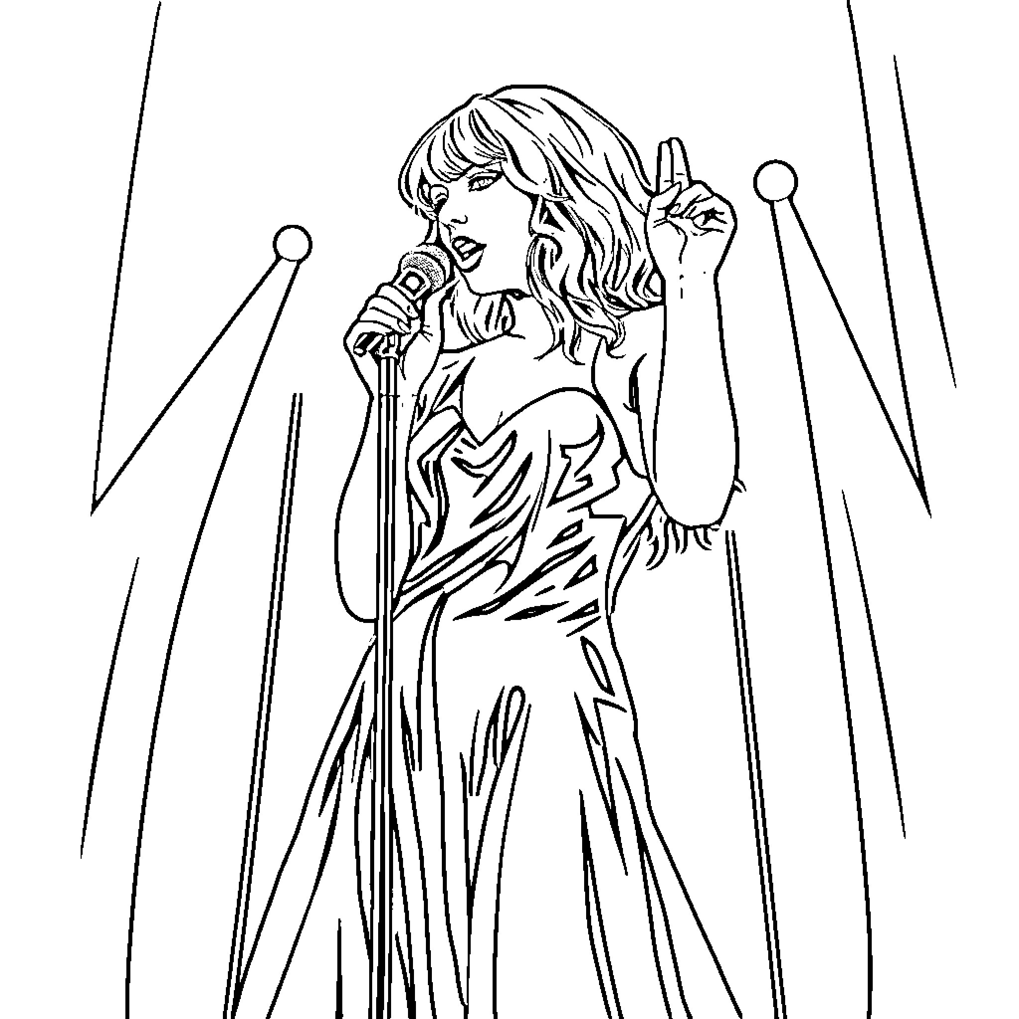 Taylor Swift performing on stage with microphone Coloring Page (free black-and-white line drawing printable PDF for all, from beginners to advanced learners, including children, teens, adults, and seniors)
