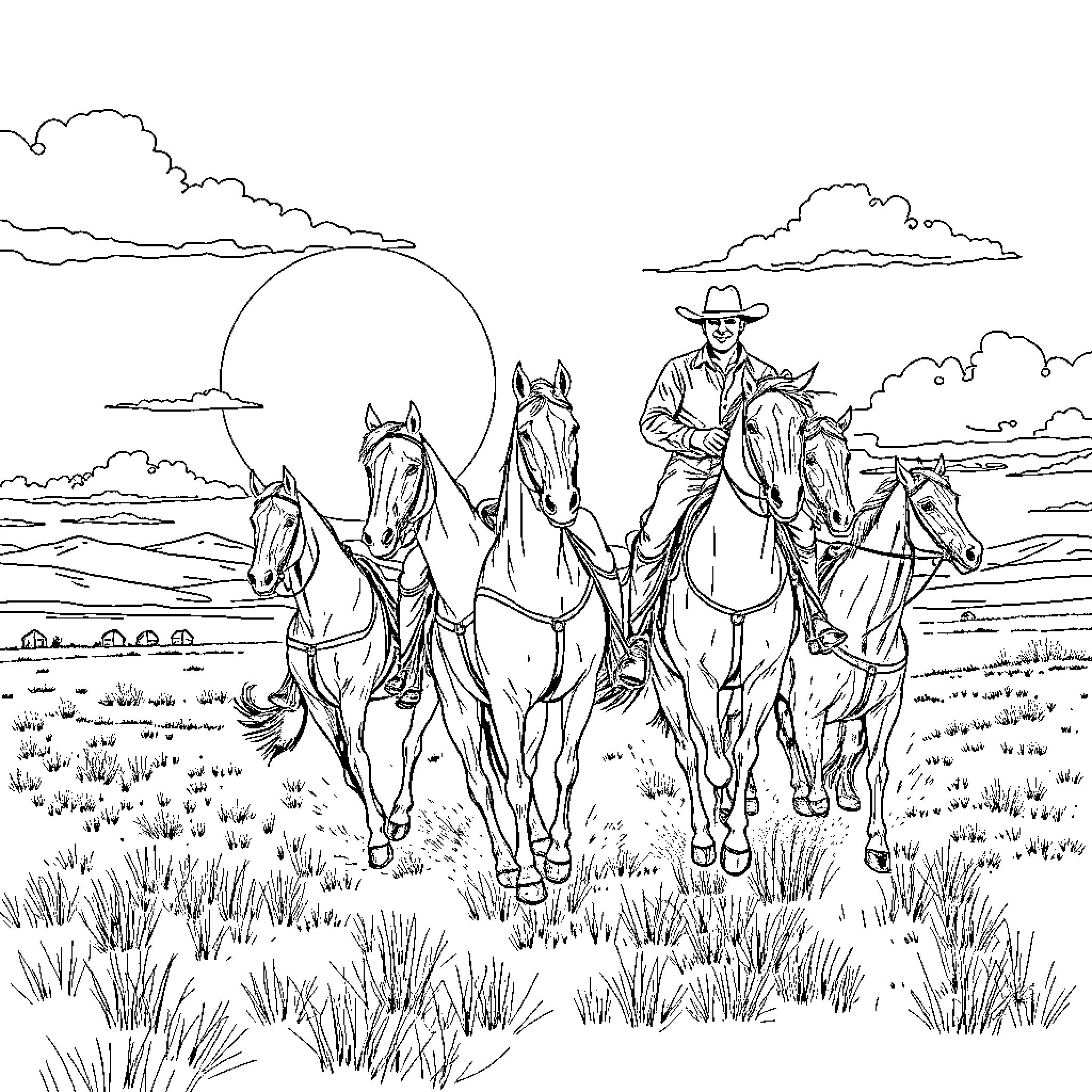 Cowboy riding horses across the open plains Coloring Page (free black-and-white line drawing printable PDF for all, from beginners to advanced learners, including children, teens, adults, and seniors)