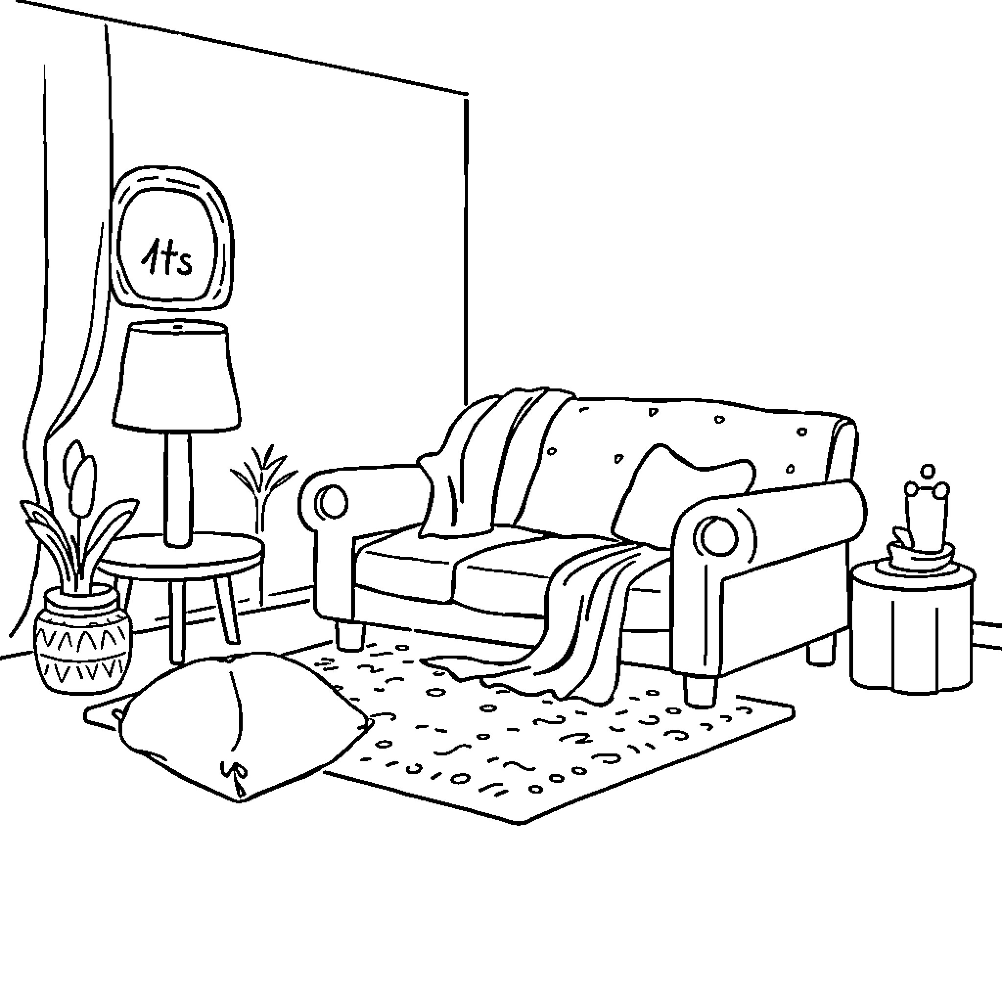 Alfombra of a cozy living room Coloring Page (free black-and-white line drawing printable PDF for all, from beginners to advanced learners, including children, teens, adults, and seniors)