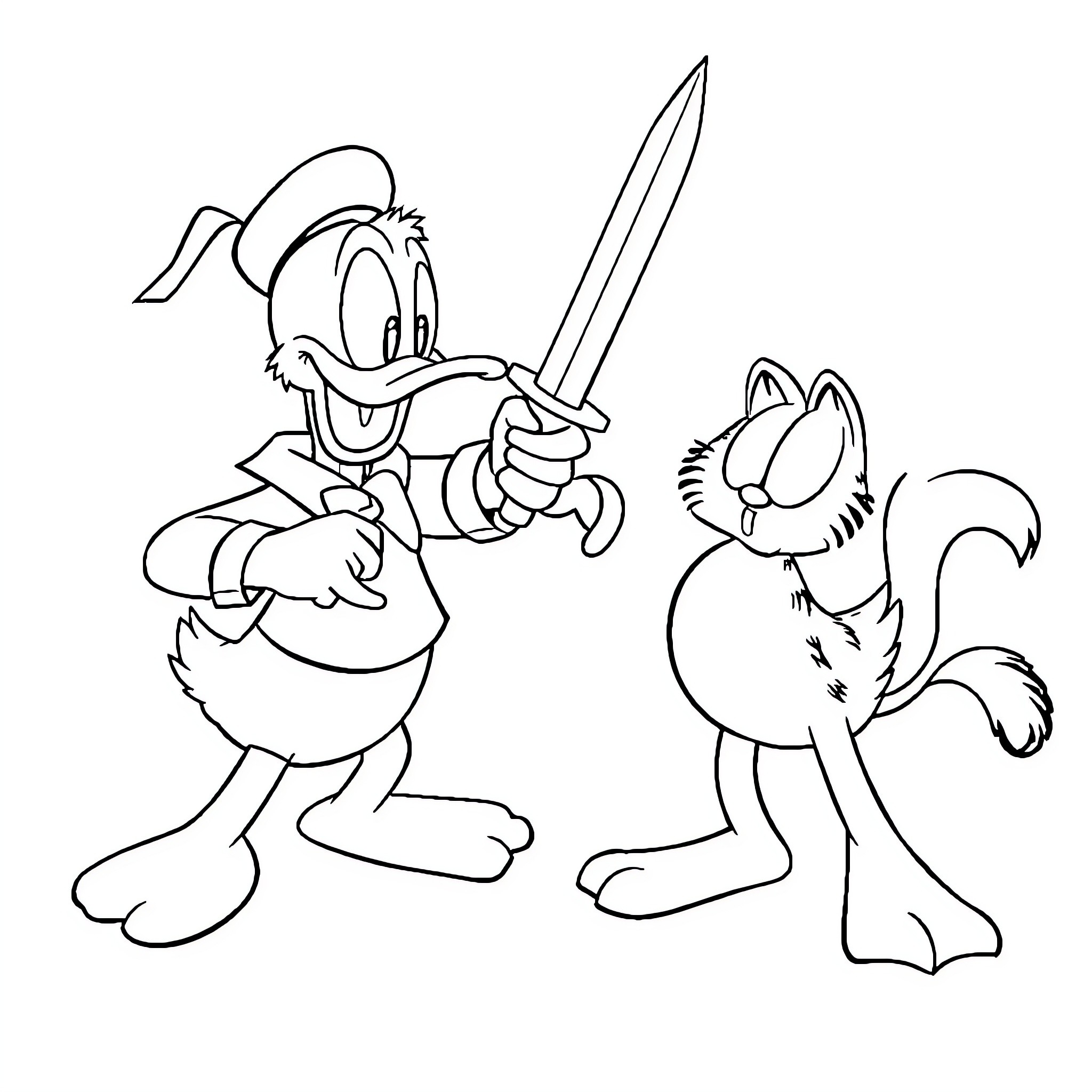 Donald Duck engaging in swordplay with Chipmunk Coloring Page (free black-and-white line drawing printable PDF for all, from beginners to advanced learners, including children, teens, adults, and seniors)
