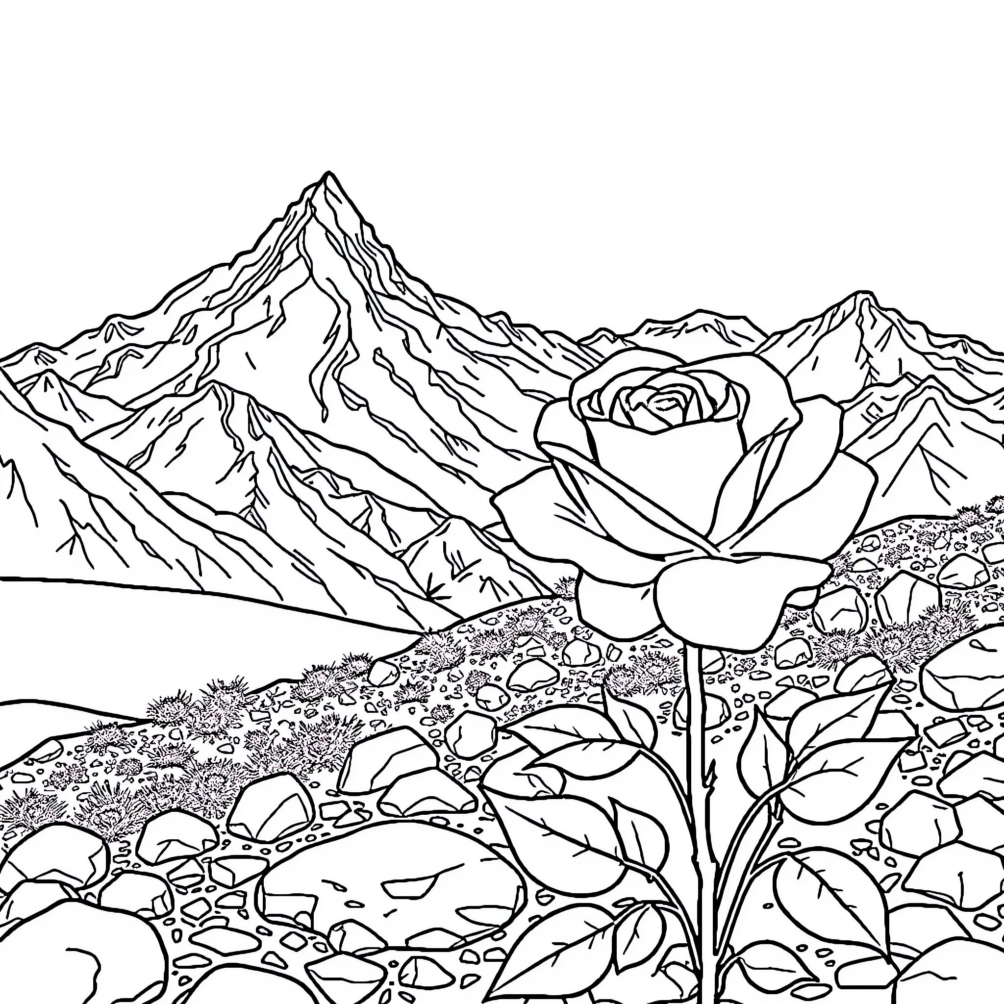 Rose Blooming in Majestic Mountain Landscape Coloring Page (free black-and-white line drawing printable PDF for all, from beginners to advanced learners, including children, teens, adults, and seniors)