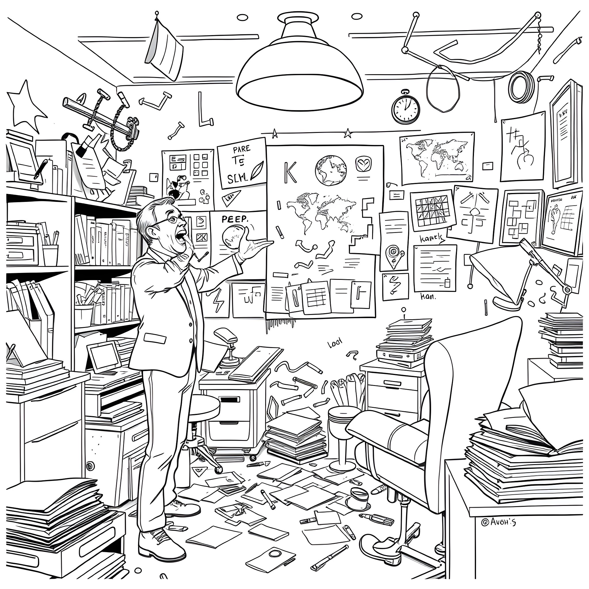 Charlie Kelly's chaotic home office Coloring Page (free black-and-white line drawing printable PDF for all, from beginners to advanced learners, including children, teens, adults, and seniors)